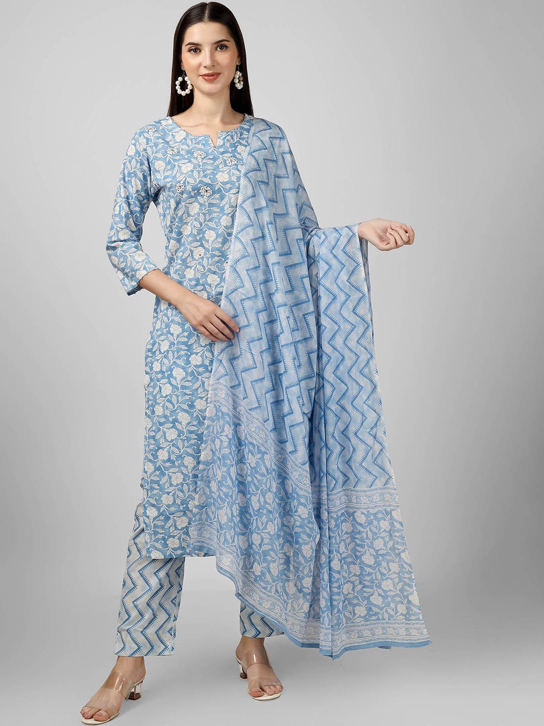 

misbis Floral Printed Mirror Work Pure Cotton Straight Kurta & Trouser With Dupatta, Blue