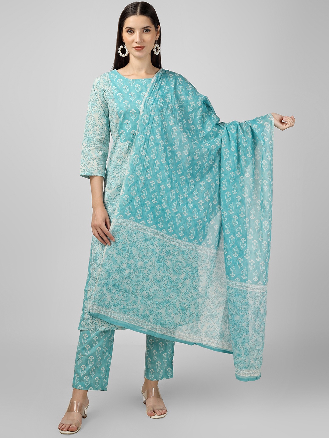 

misbis Floral Printed Regular Thread Work Pure Cotton Kurta with Trousers & With Dupatta, Turquoise blue