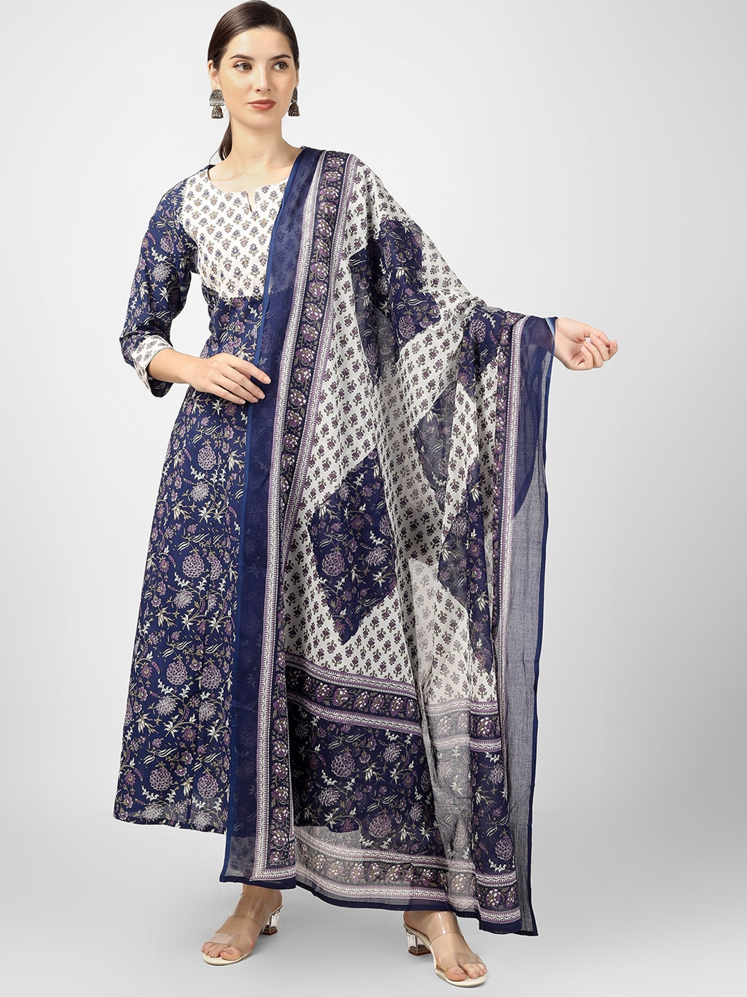 

misbis Floral Printed Regular Thread Work Pure Cotton Kurta with Trousers & With Dupatta, Blue