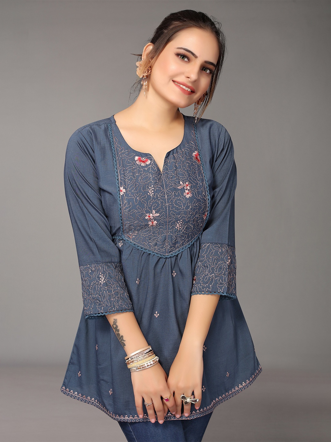 

KALINI Floral Embroidered A-Line Top, Blue