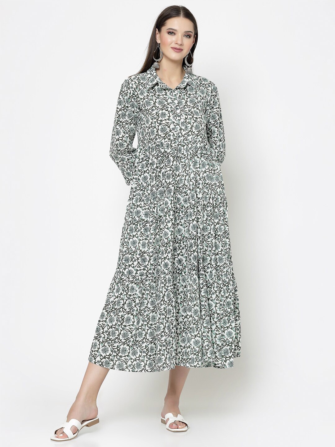 

KALINI Green Floral Printed A-Line Midi Ethnic Dress