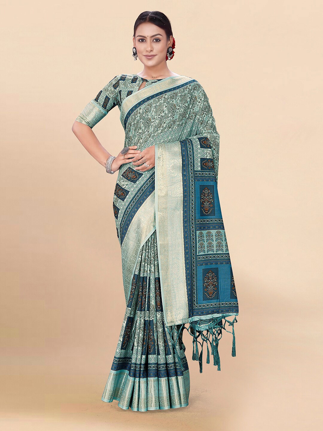 

Pisara Paisley Printed Zari Silk Cotton Saree, Blue