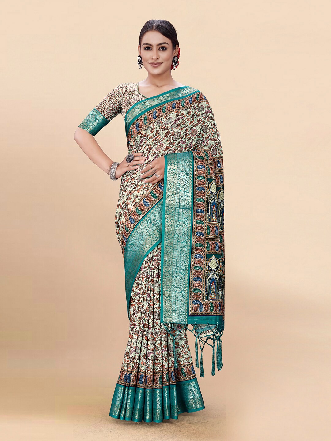 

Pisara Ethnic Motifs Printed Zari Silk Cotton Saree, Off white