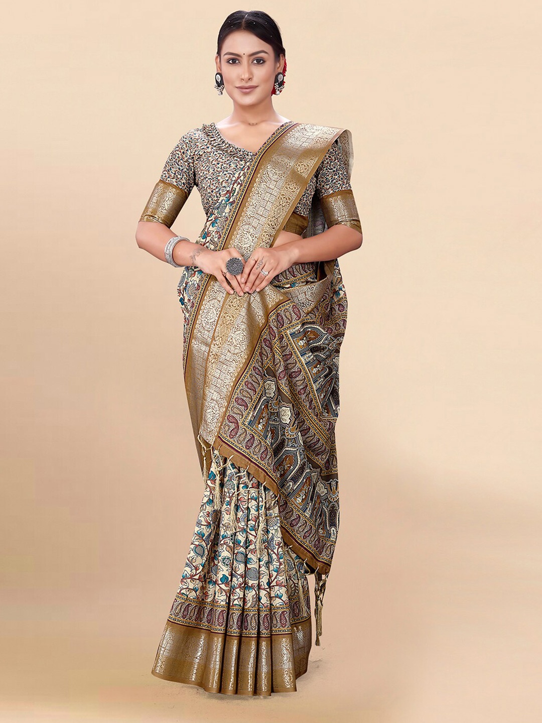 

Pisara Ethnic Motifs Printed Zari Silk Cotton Saree, Off white