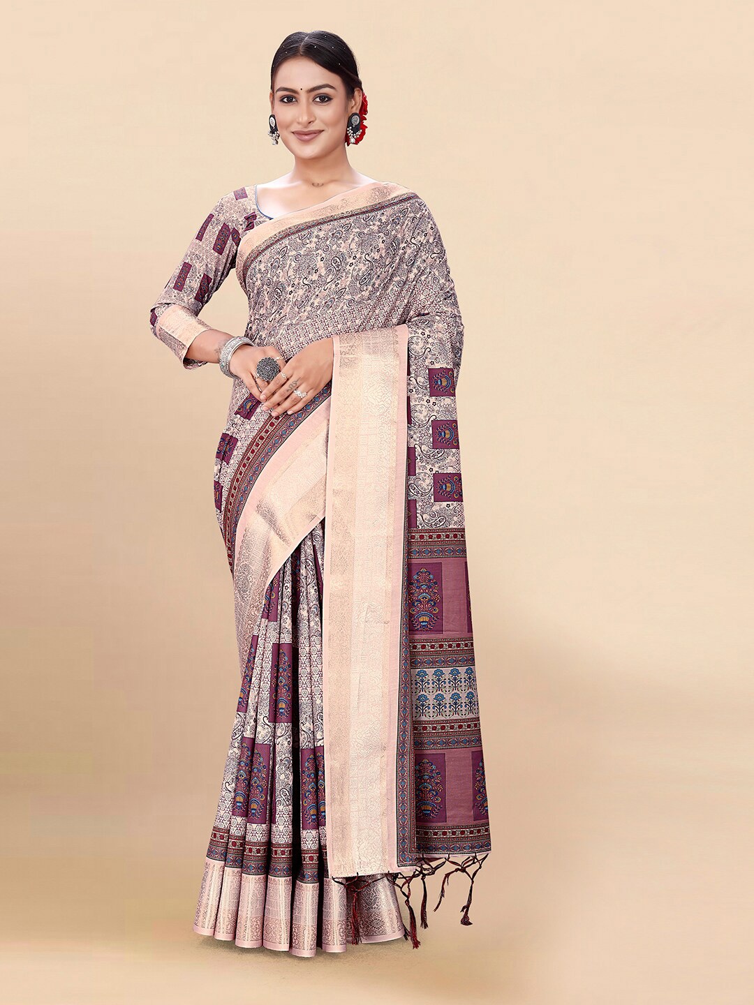 

Pisara Paisley Printed Zari Silk Cotton Saree, Peach