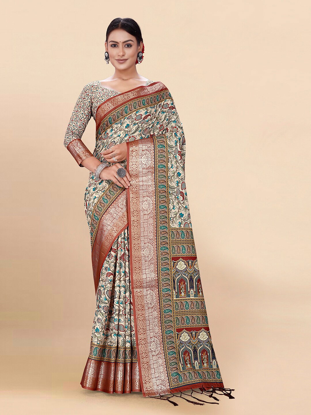 

Pisara Ethnic Motifs Printed Zari Silk Cotton Saree, Cream