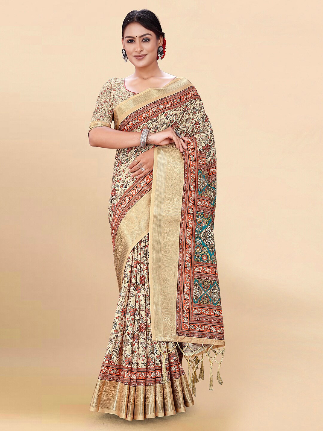 

Pisara Ethnic Motifs Printed Zari Silk Cotton Saree, Beige