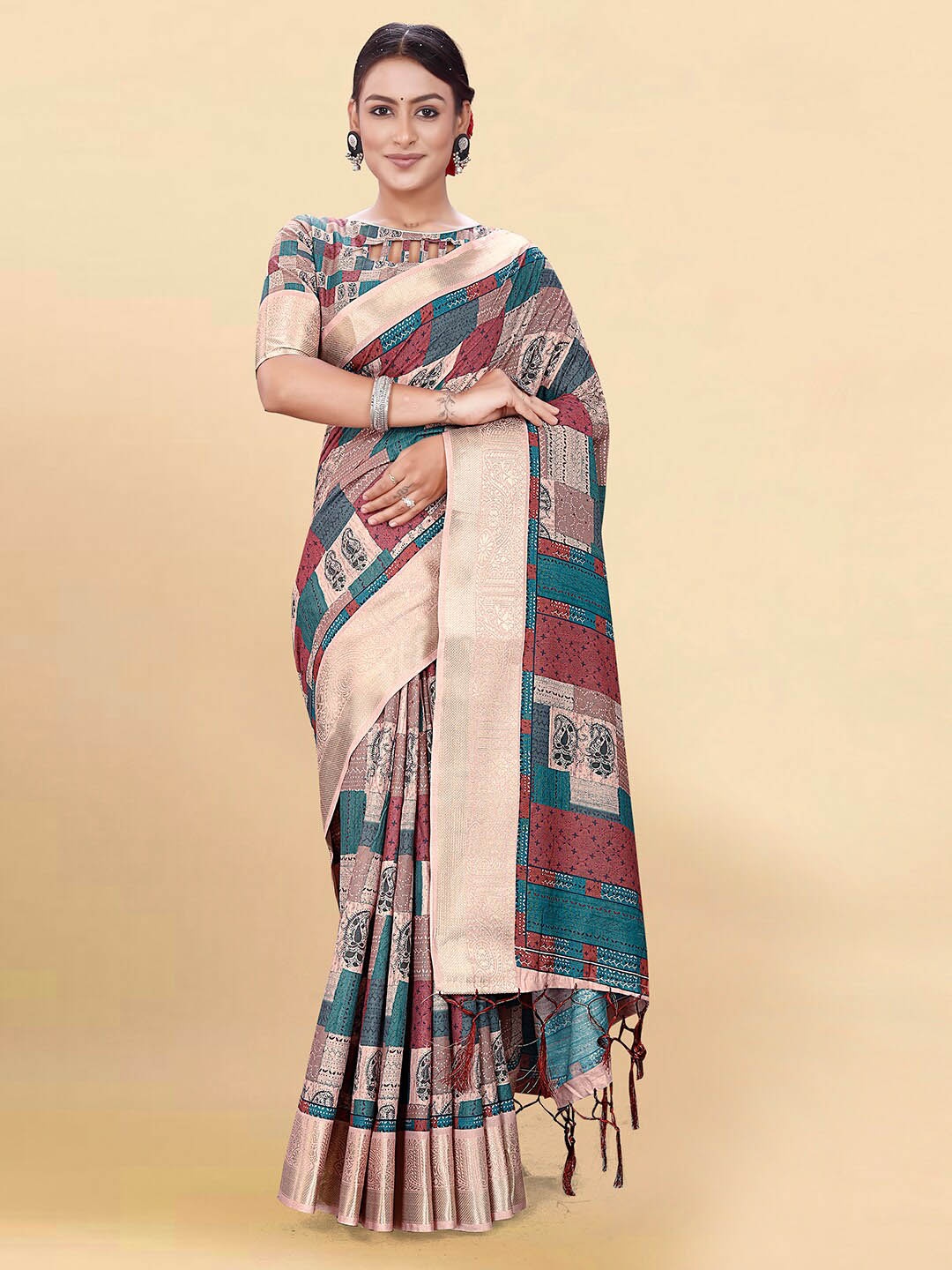 

Pisara Paisley Printed Zari Silk Cotton Saree, Teal