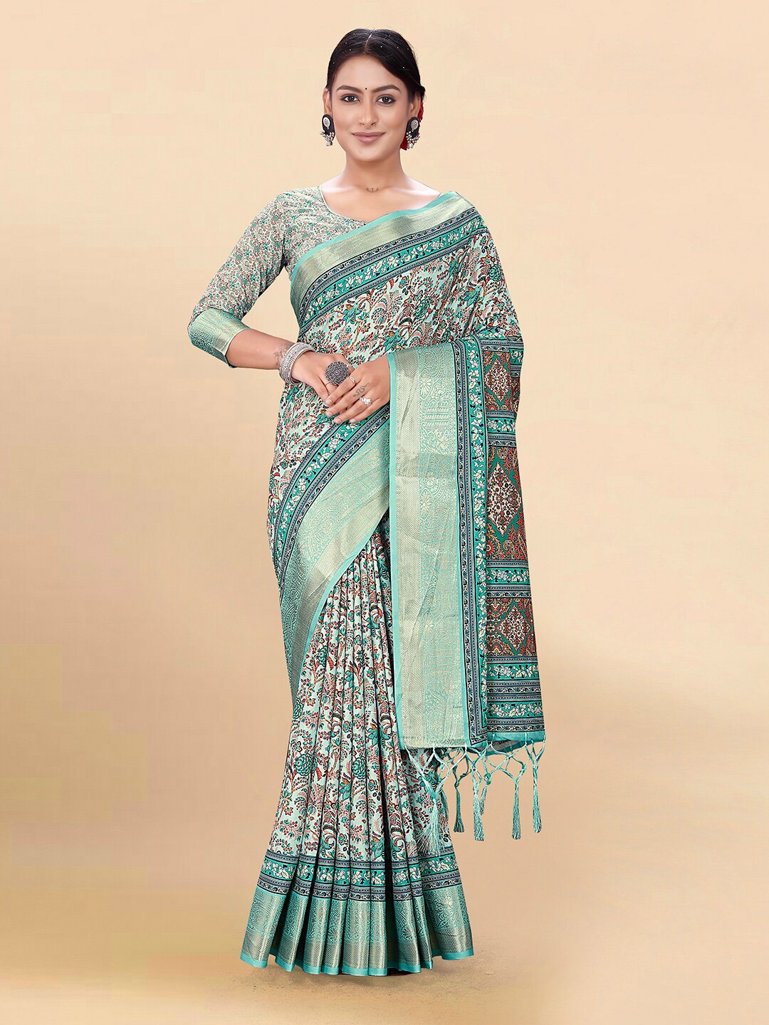 

Pisara Ethnic Motifs Printed Zari Silk Cotton Saree, Turquoise blue