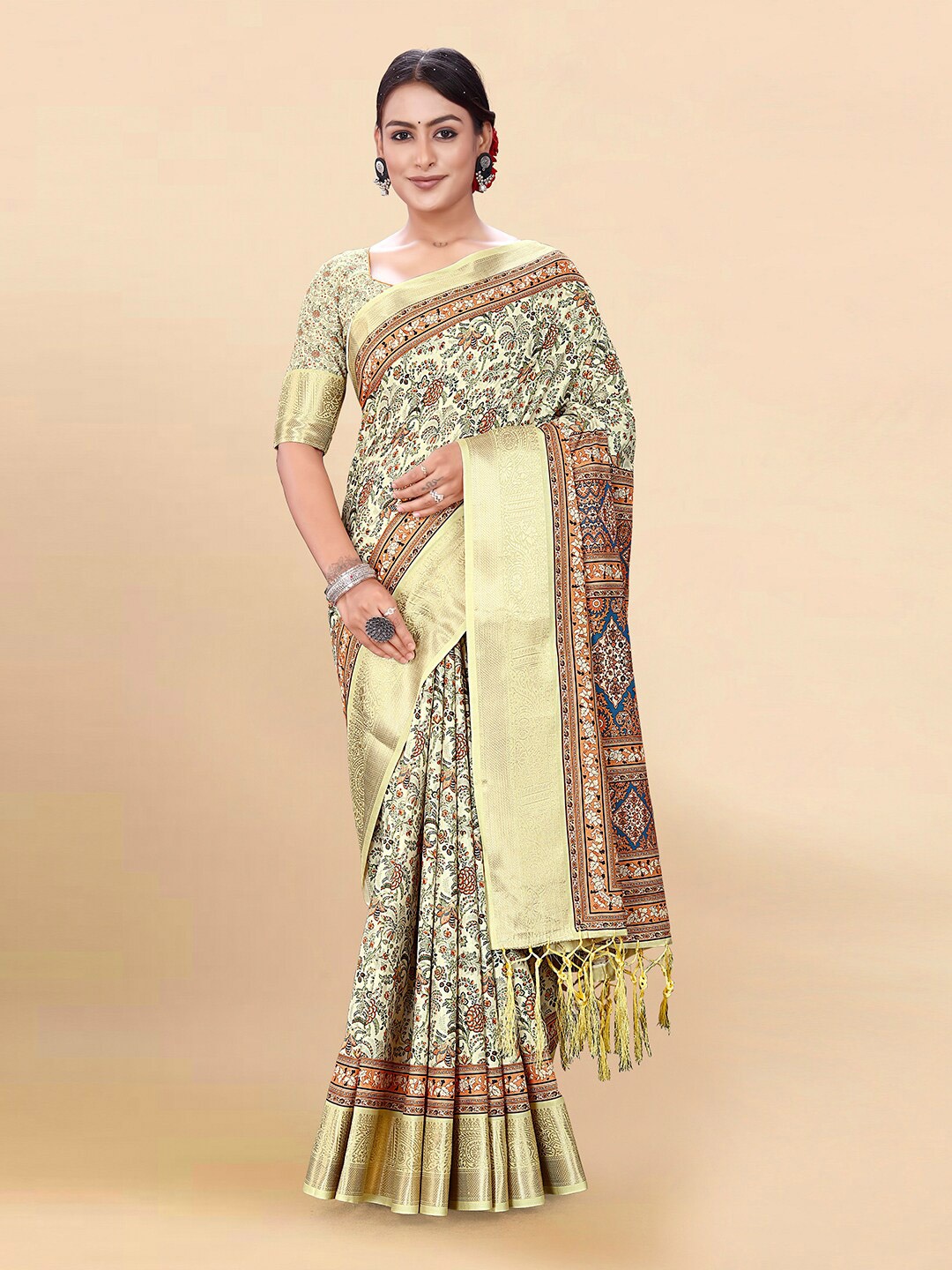 

Pisara Ethnic Motifs Printed Zari Silk Cotton Saree, Cream
