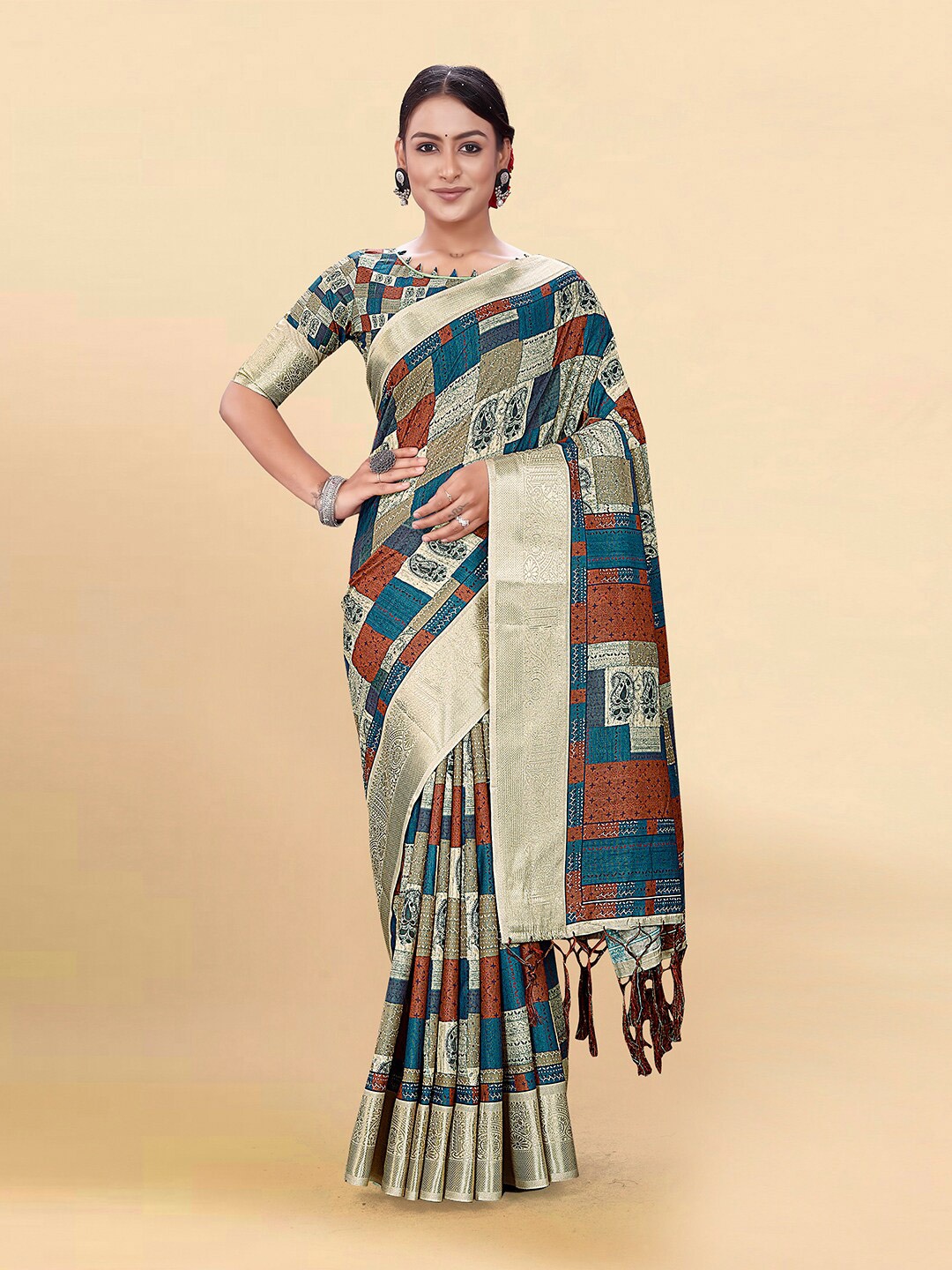 

Pisara Ethnic Motifs Printed Zari Silk Cotton Saree, Grey