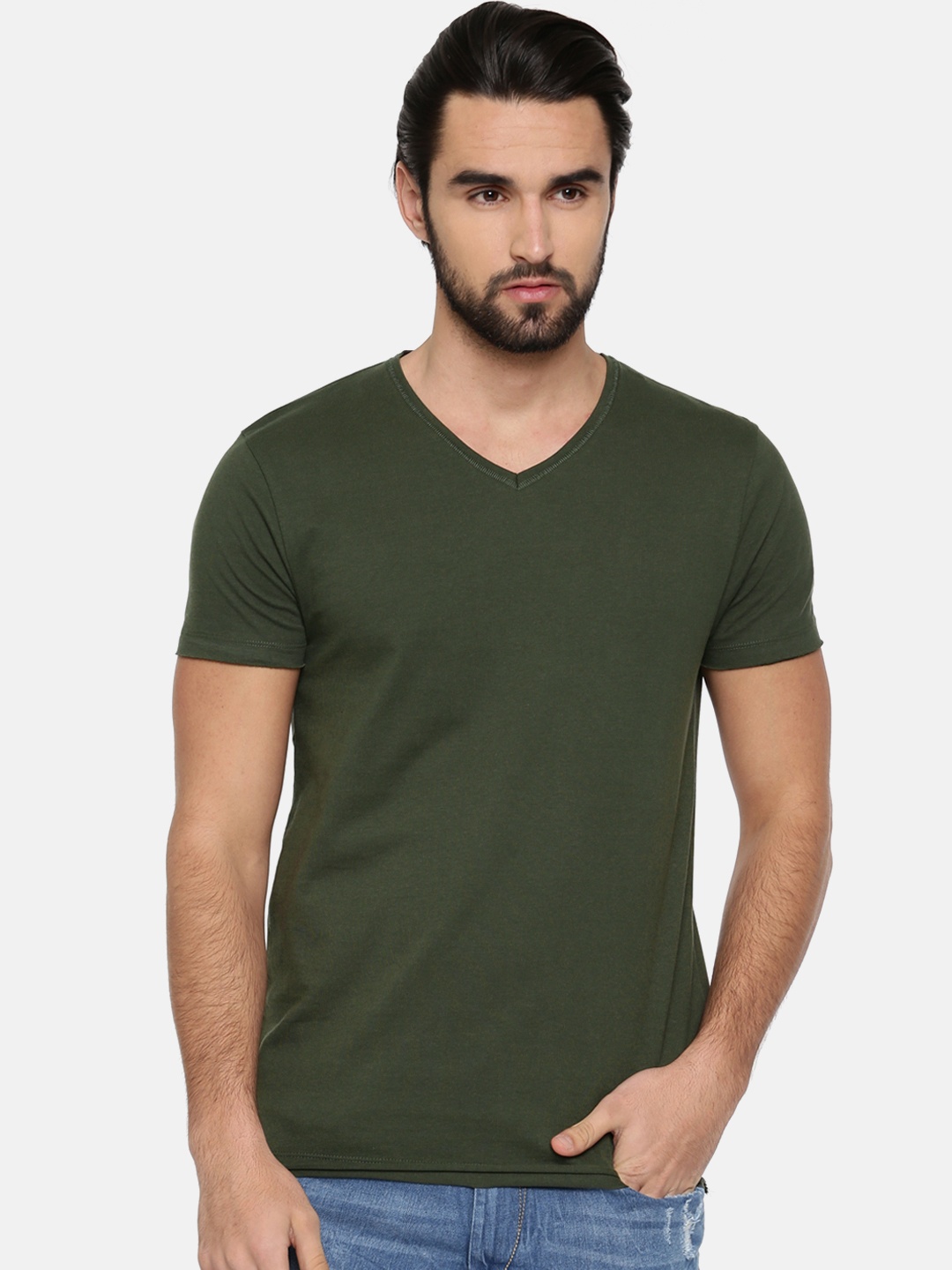 

Jack & Jones Men Olive Green Slim Fit Solid V-Neck T-shirt