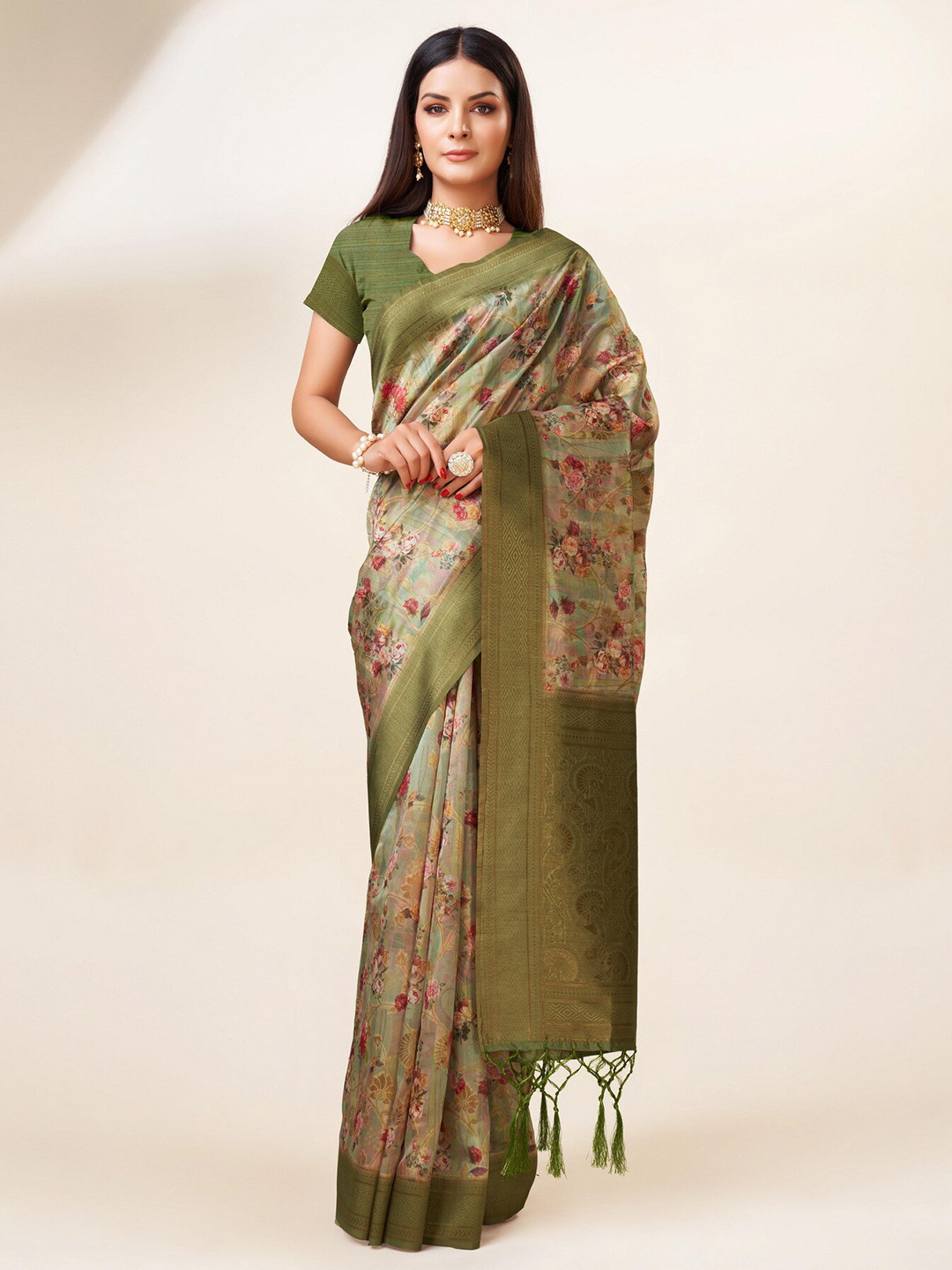 

Sweet smile Fab Floral Woven Design Zari Organza Saree, Green