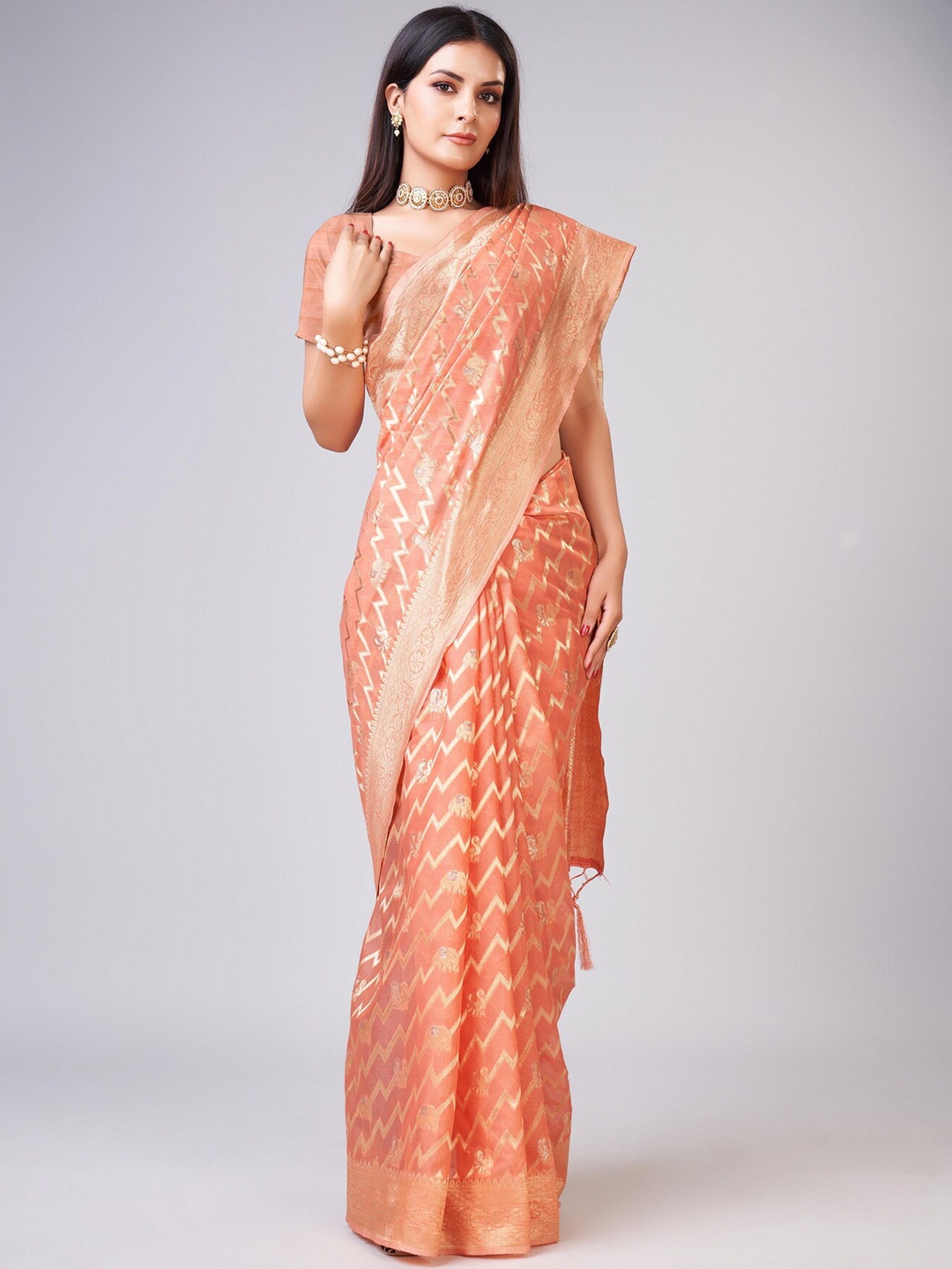 

Sweet smile Fab Chevron Woven Design Zari Saree, Peach