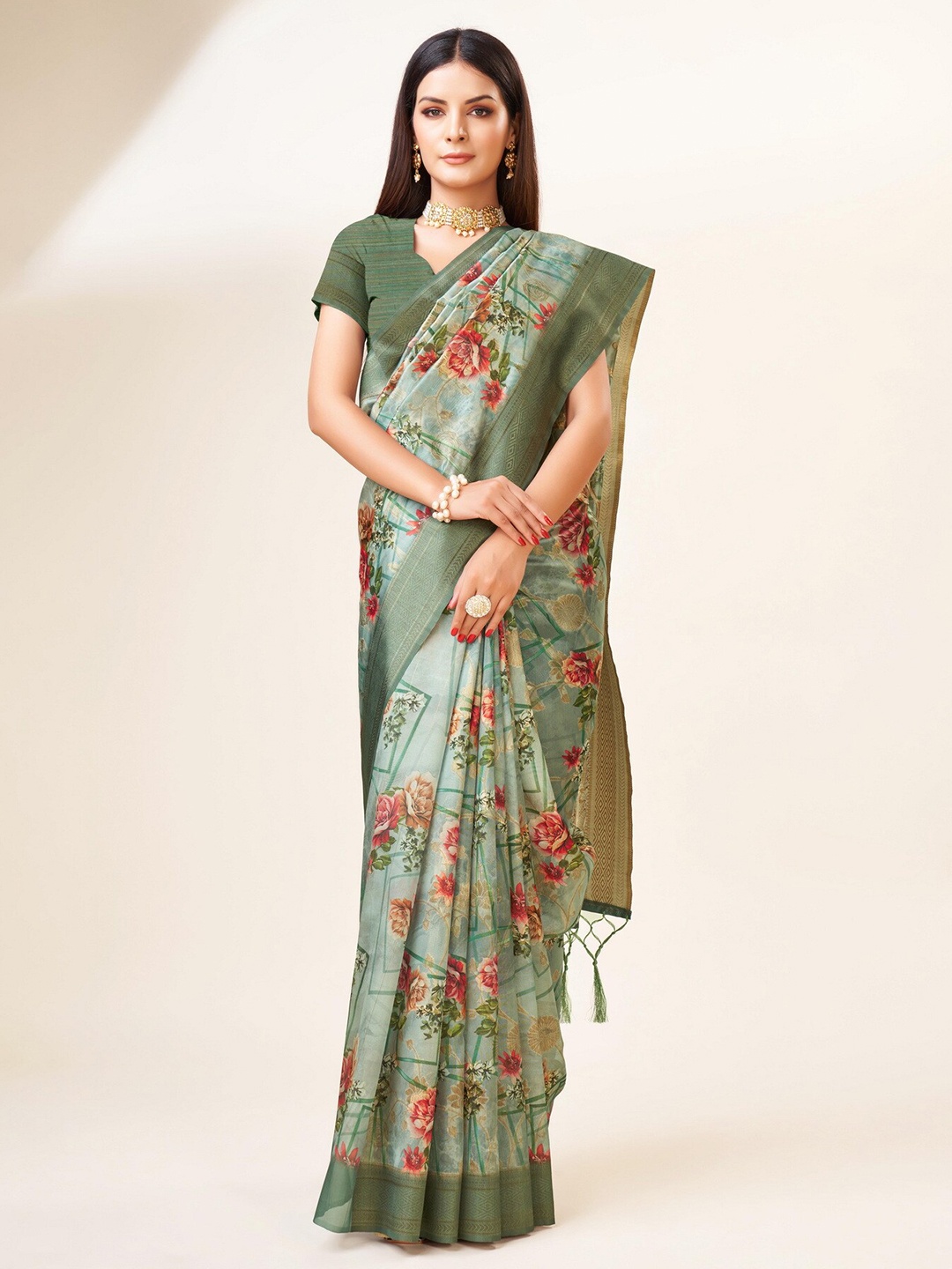 

Sweet smile Fab Floral Printed Zari Organza Saree, Green