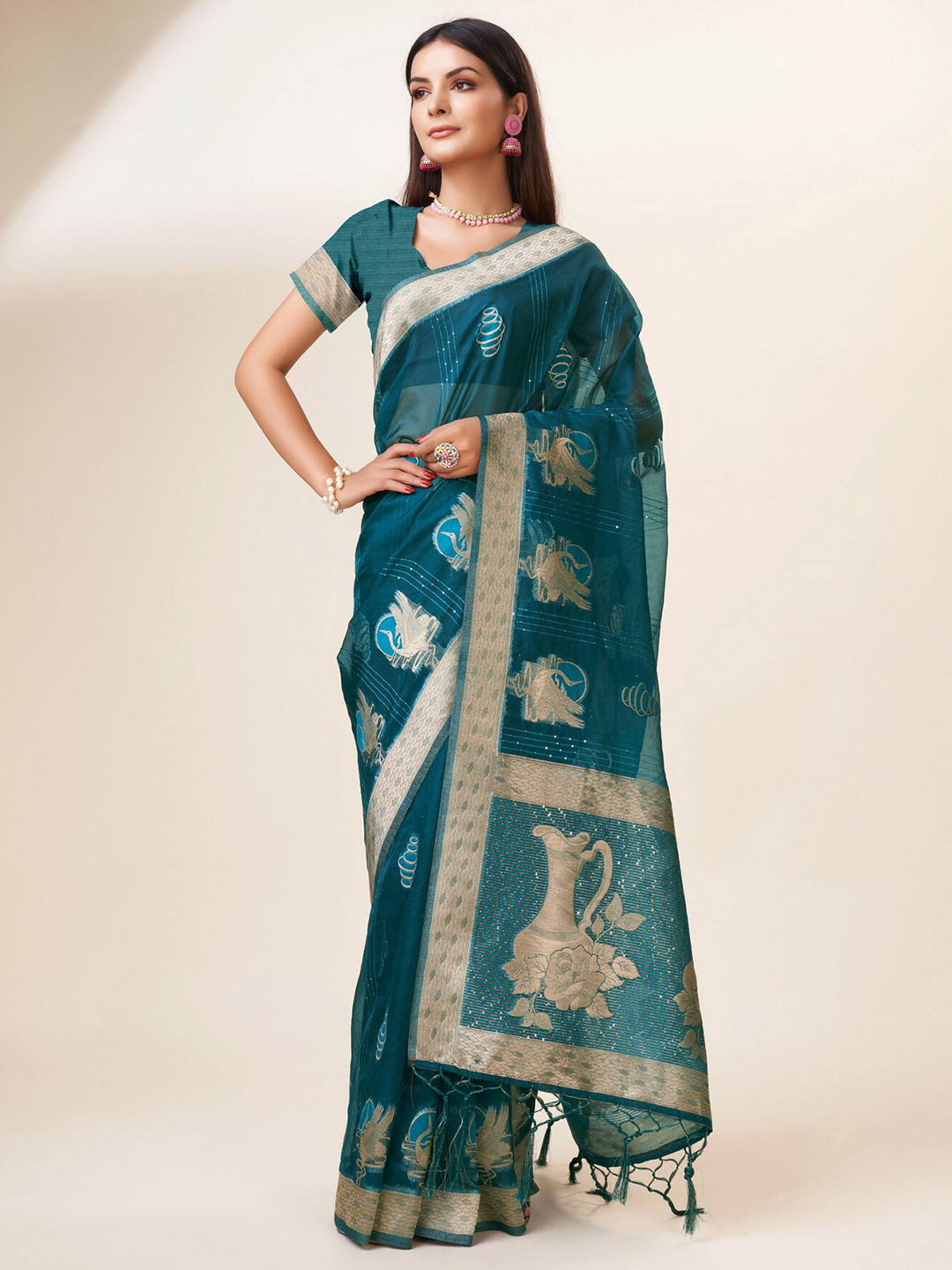 

Sweet smile Fab Floral Woven Design Zari Organza Saree, Turquoise blue