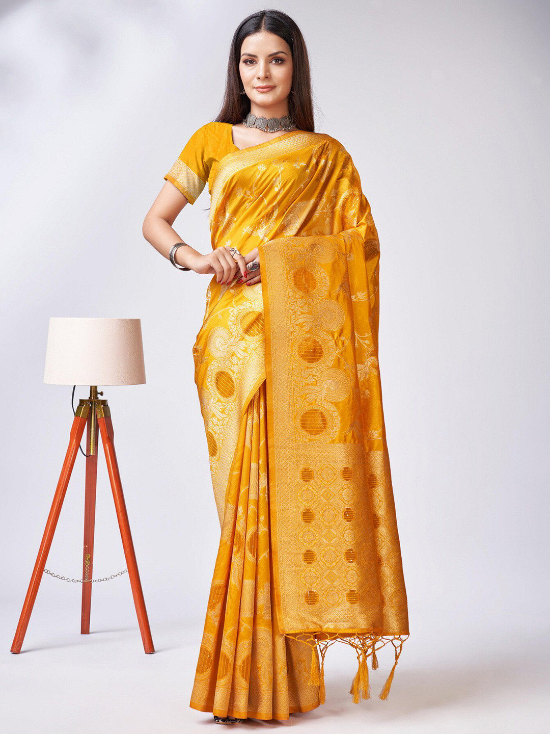 

Sweet smile Fab Ethnic Motifs Woven Design Zari Art Silk Saree, Yellow
