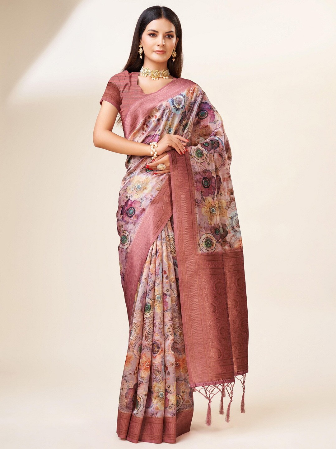 

Sweet smile Fab Floral Zari Organza Saree, Pink