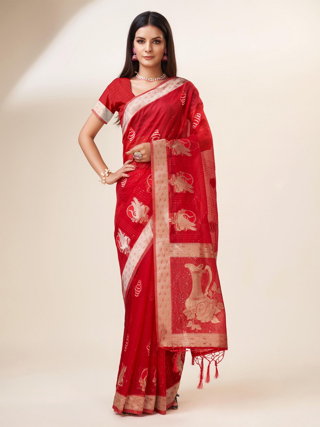 

Sweet smile Fab Ethnic Motifs Woven Design Zari Organza Saree, Red