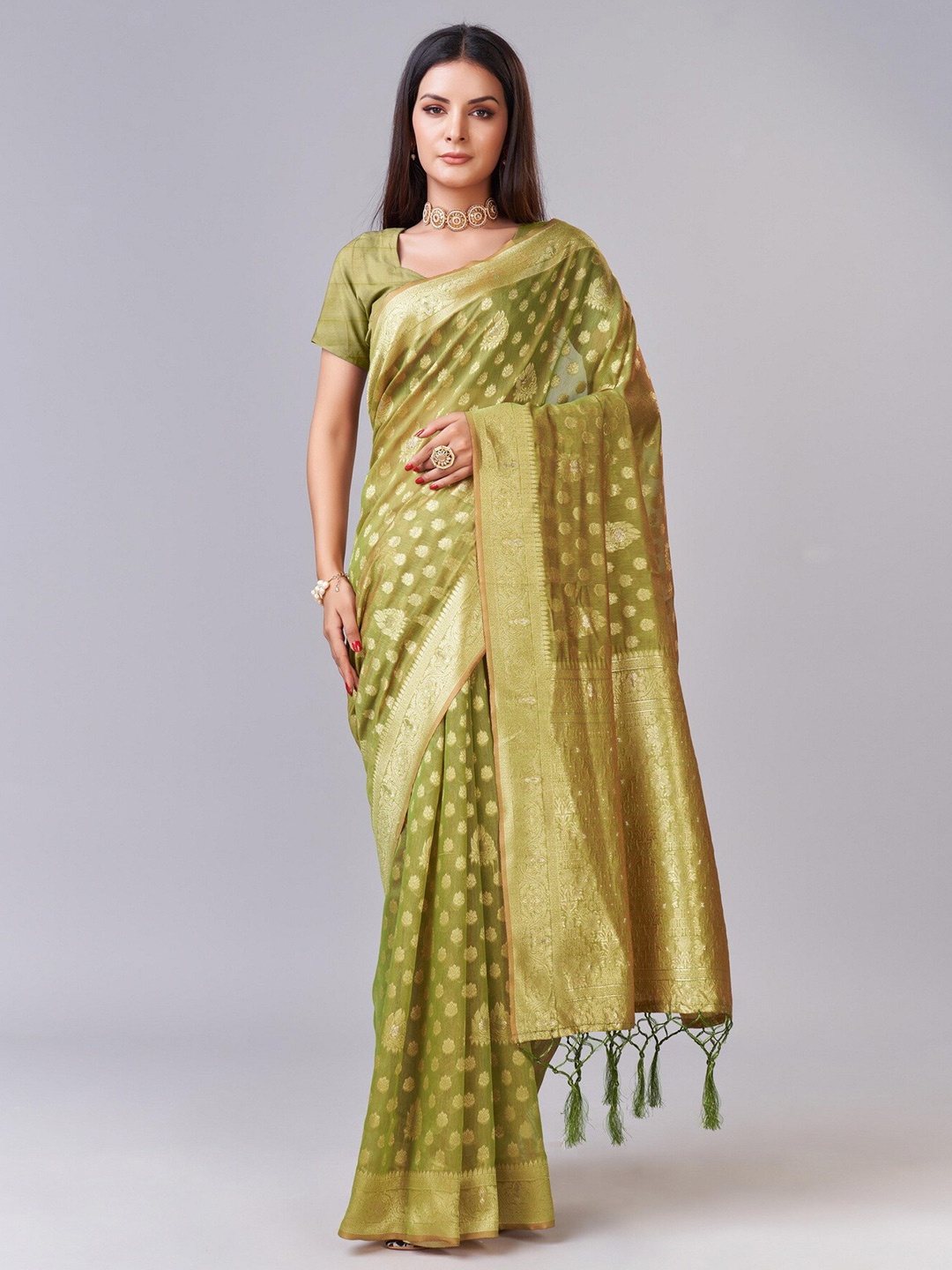 

Sweet smile Fab Ethnic Motifs Woven Design Zari Saree, Olive