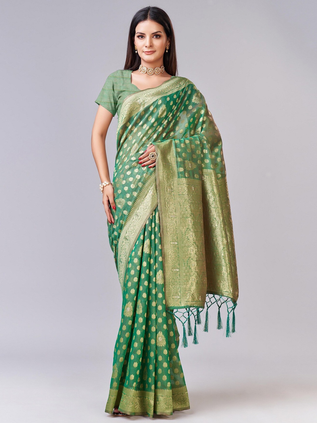 

Sweet smile Fab Ethnic Motifs Woven Design Zari Saree, Green