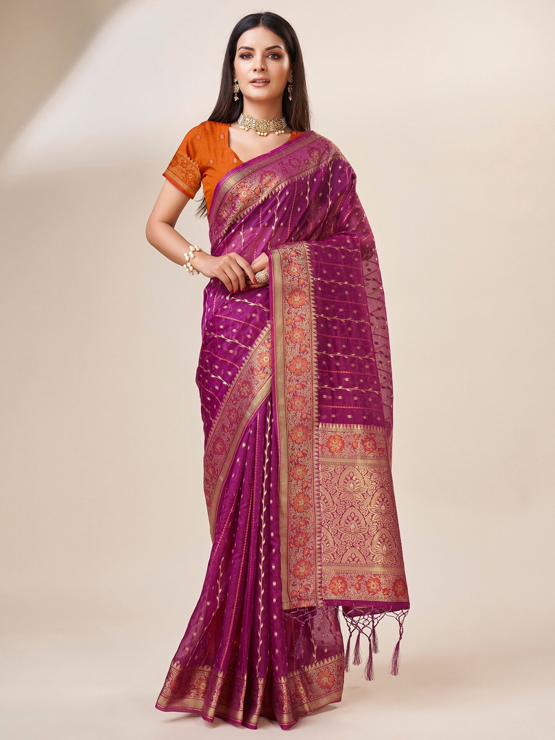 

Sweet smile Fab Ethnic Motifs Woven Design Zari Organza Saree, Purple