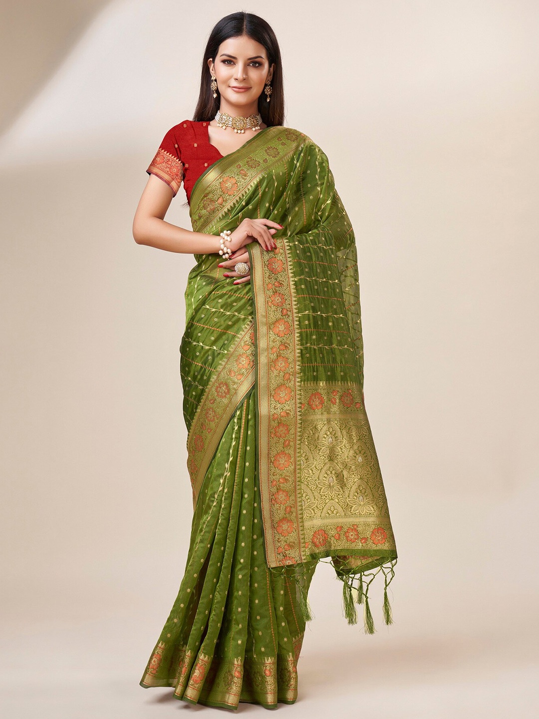

Sweet smile Fab Ethnic Motifs Woven Design Zari Organza Saree, Olive
