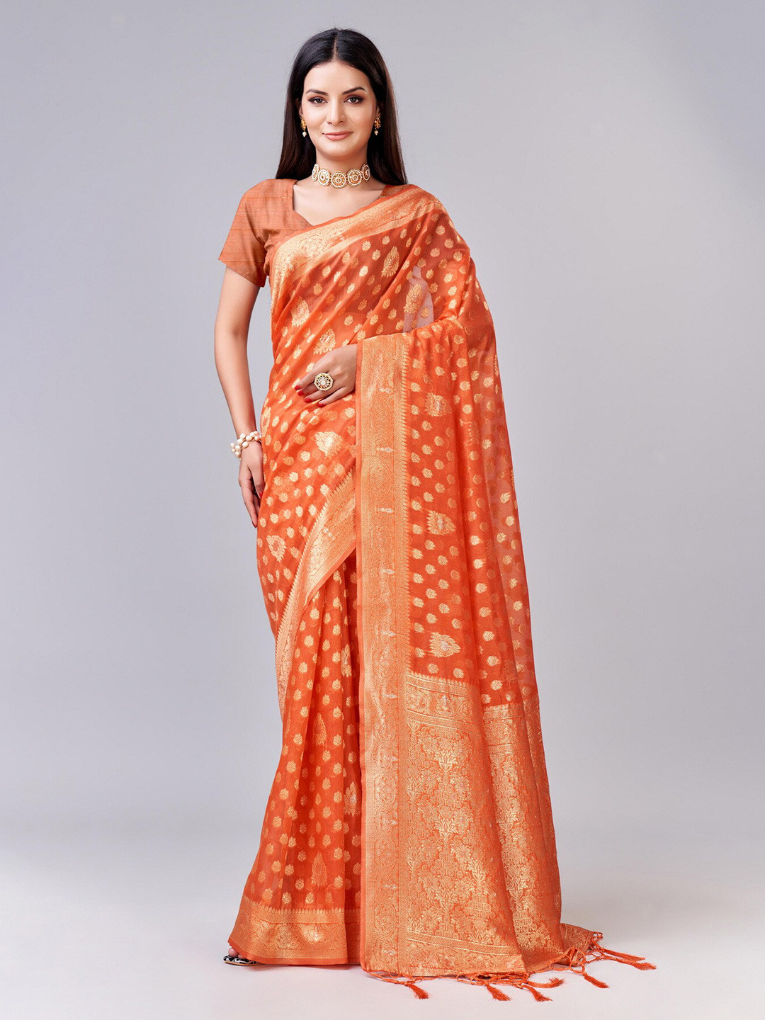 

Sweet smile Fab Ethnic Motifs Woven Design Zari Saree, Orange