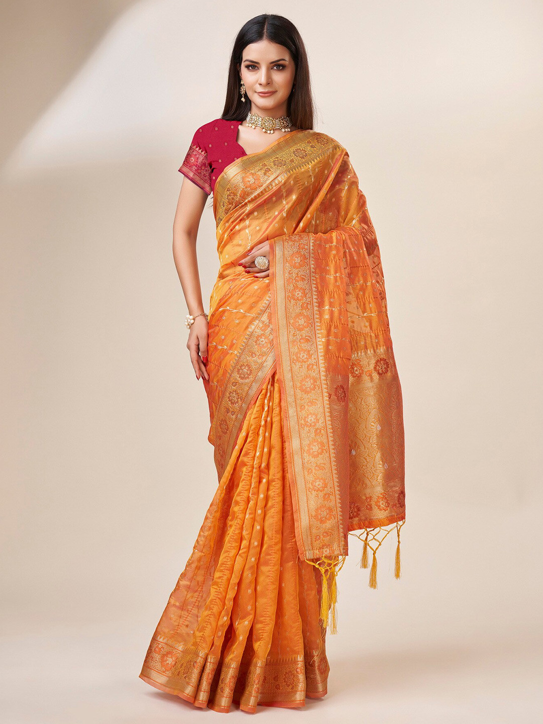 

Sweet smile Fab Woven Design Zari Organza Saree, Gold