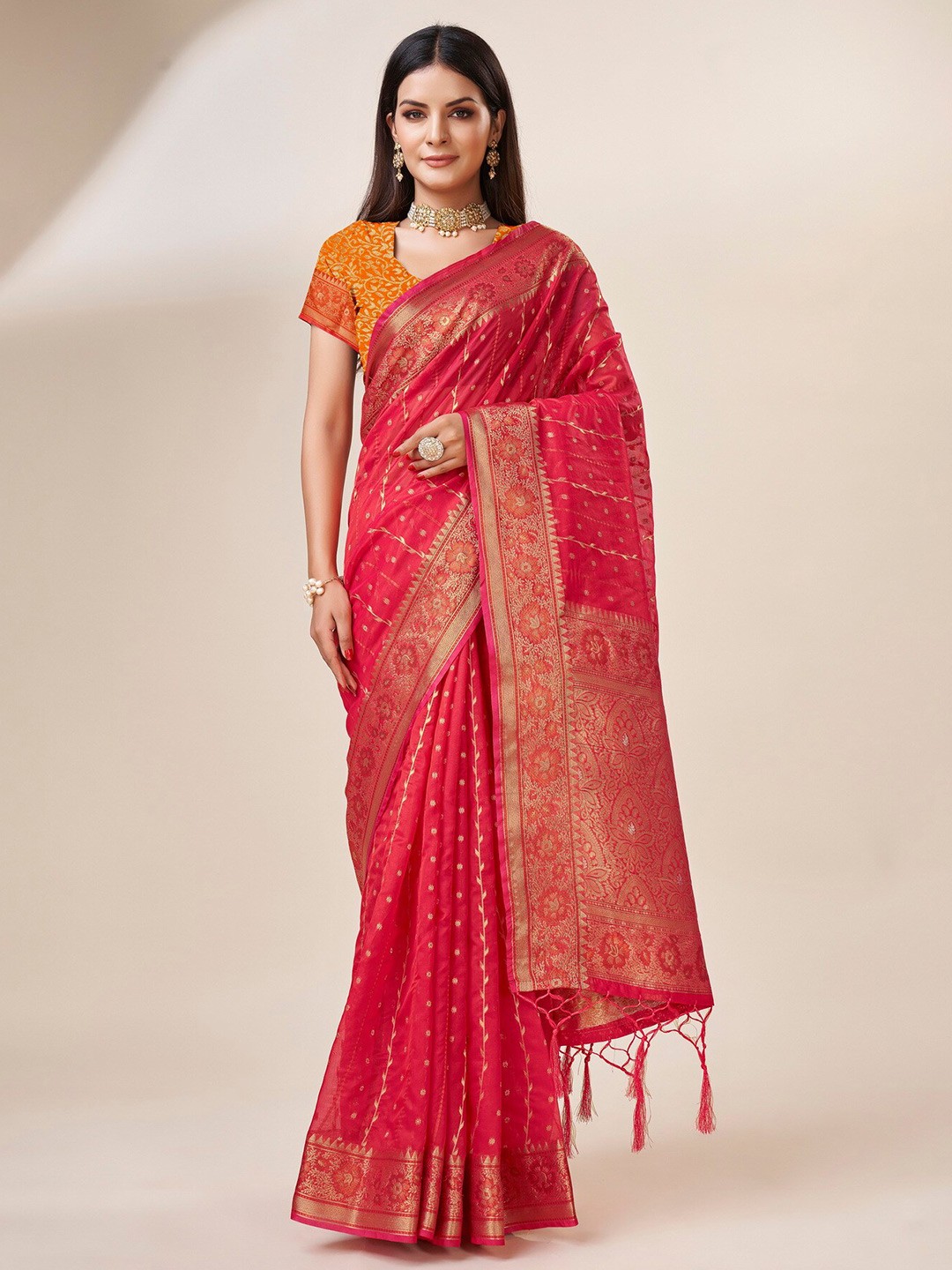 

Sweet smile Fab Ethnic Motifs Woven Design Zari Organza Saree, Pink