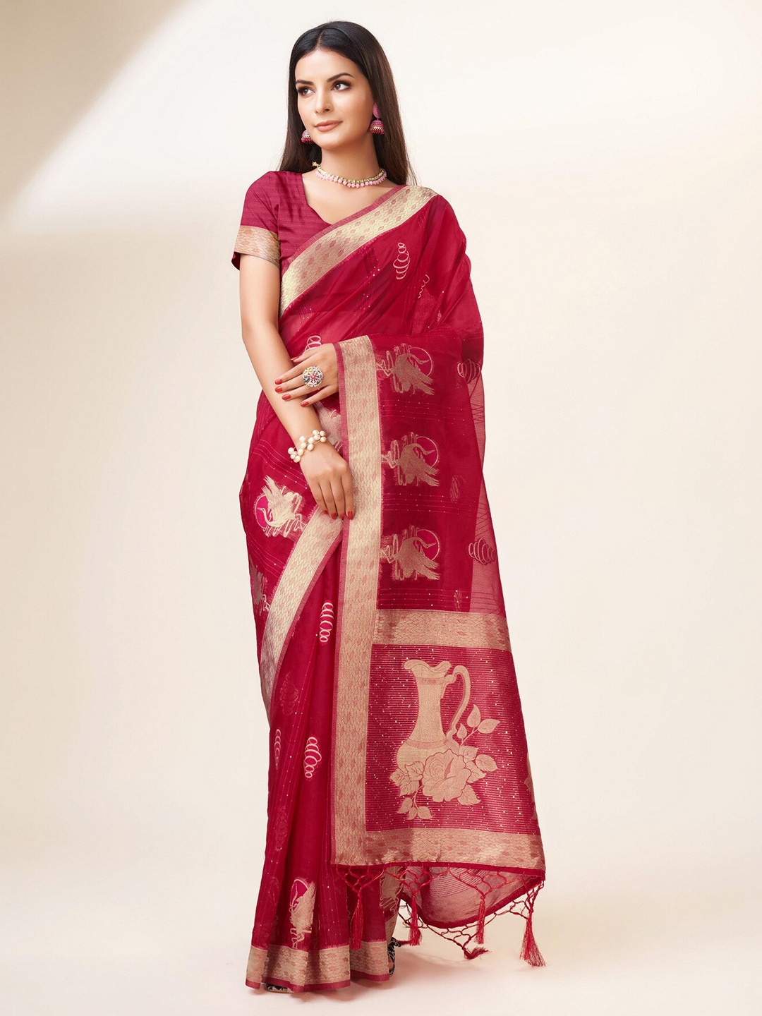 

Sweet smile Fab Floral Woven Design Zari Organza Saree, Pink