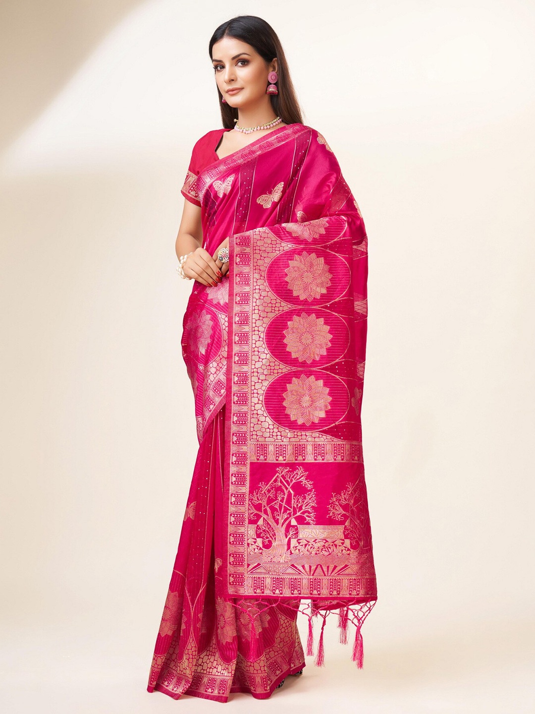 

Sweet smile Fab Floral Woven Design Zari Art Silk Saree, Pink