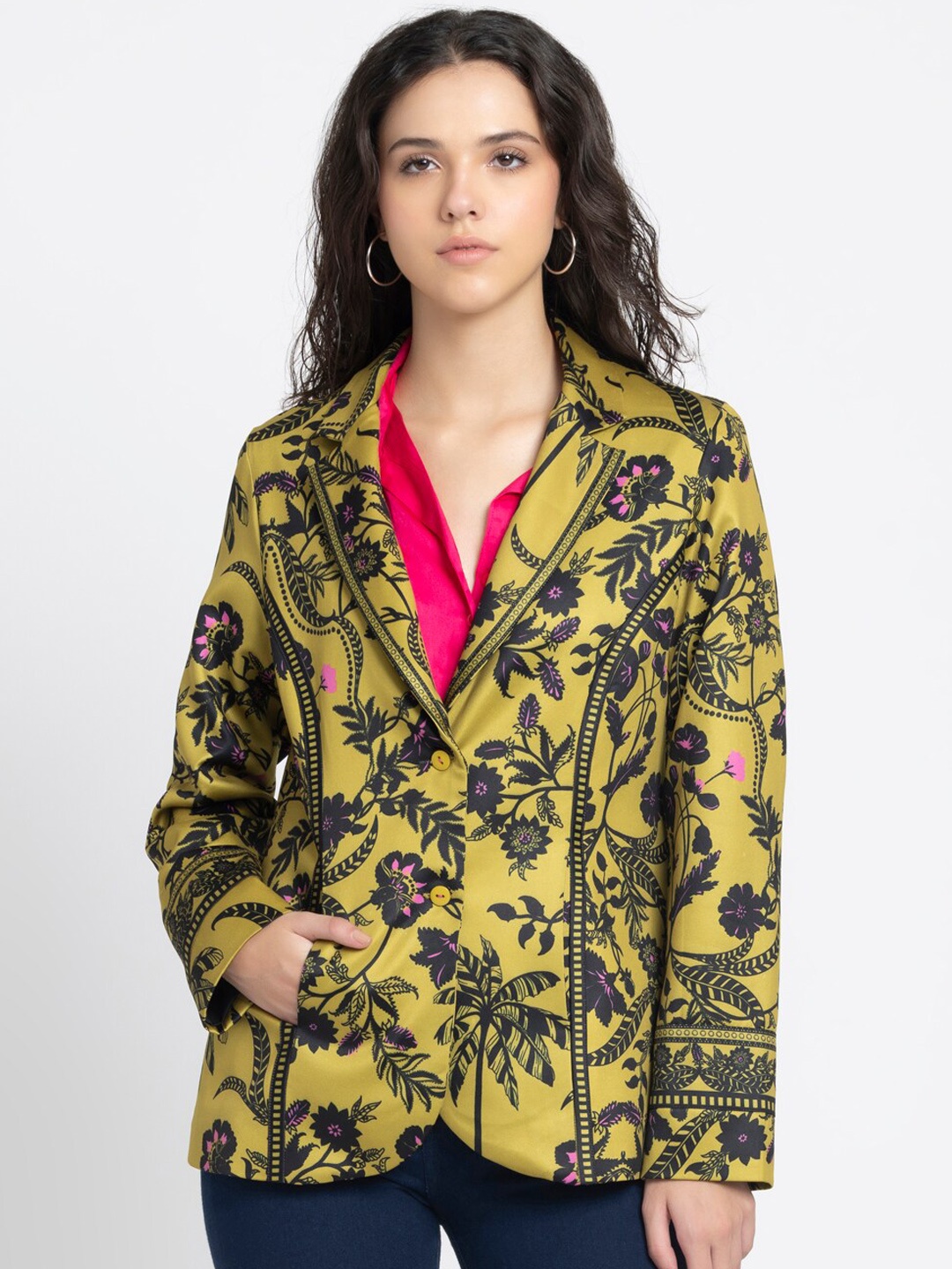 

SHAYE Notched Lapel Collar Printed Single-Breasted Casual Blazer, Mustard