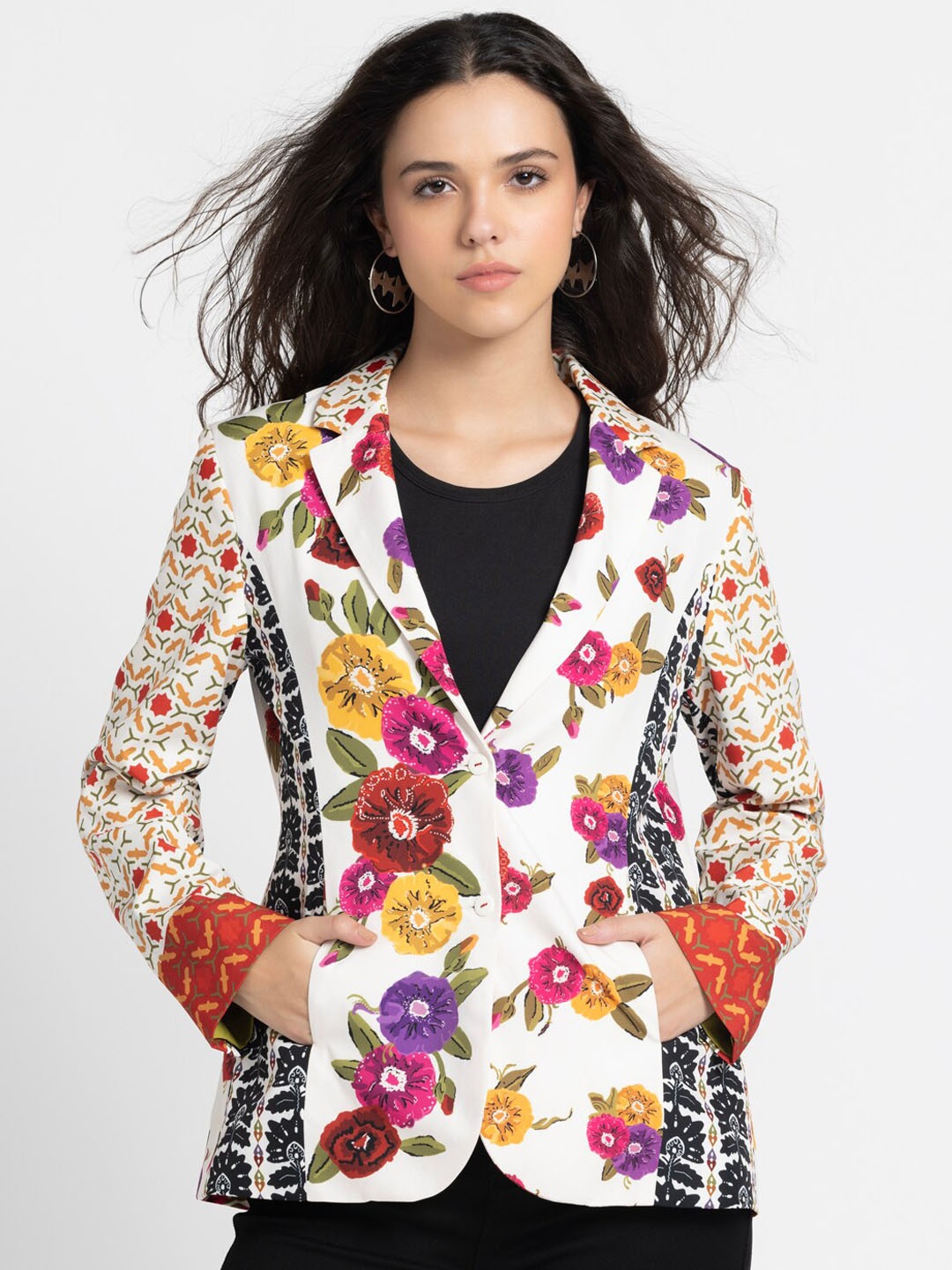 

SHAYE Notched Lapel Collar Printed Single-Breasted Casual Blazers, Off white