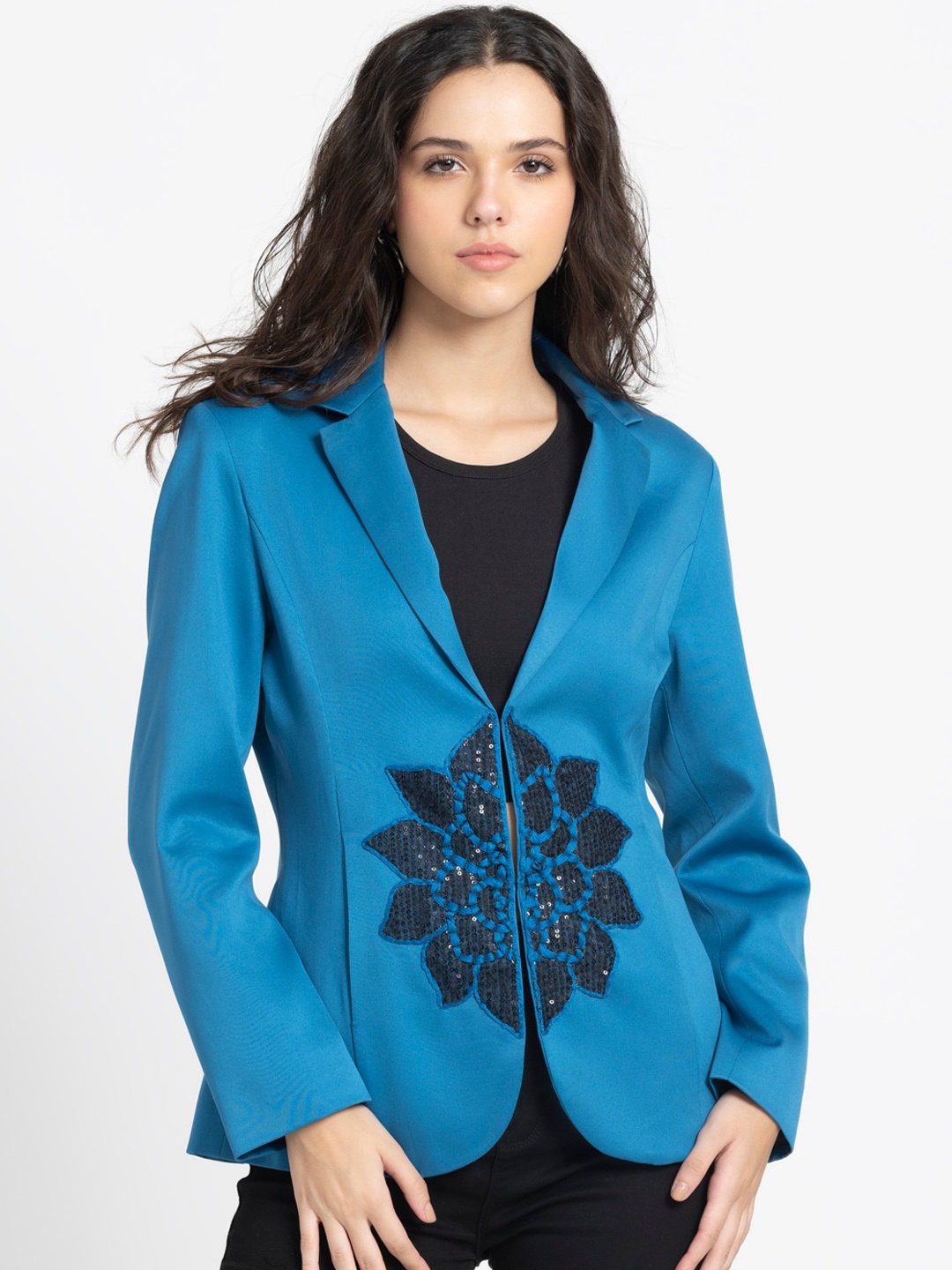 

SHAYE Notched Lapel Collar Embroidered Detail Satin Single Breasted Blazer, Blue