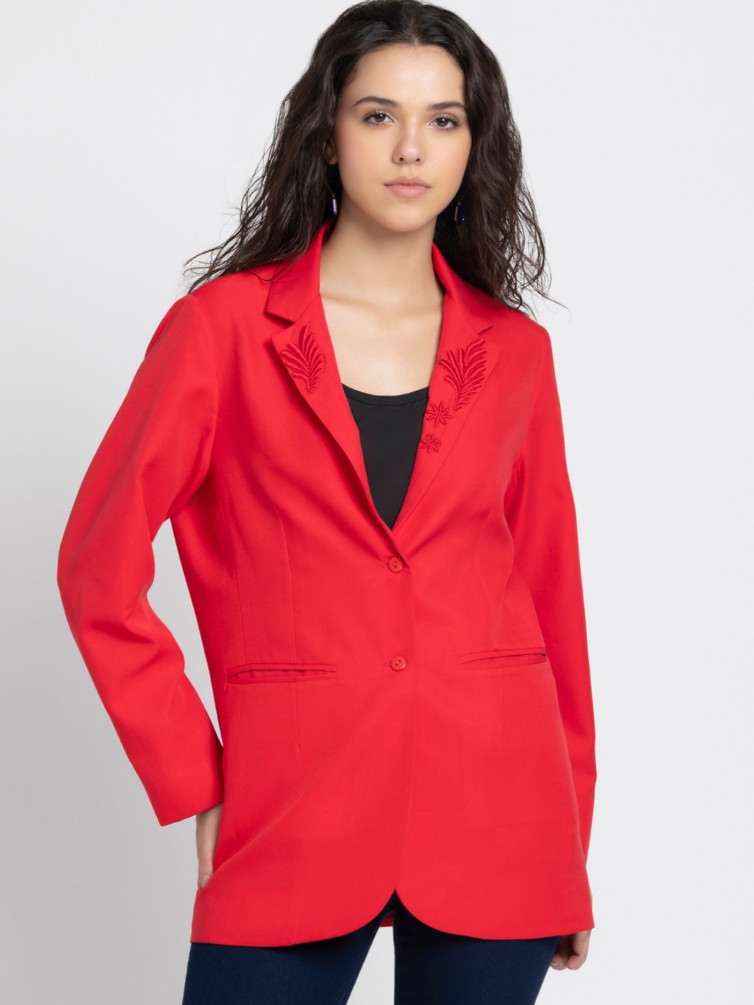 

SHAYE Notched Lapel Collar Single-Breasted Cheery Red Blazer