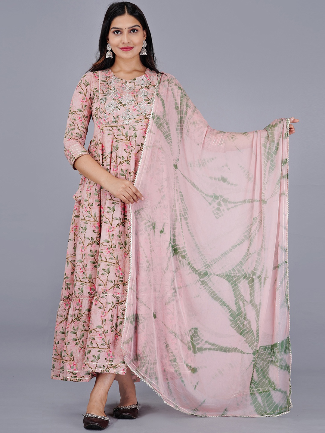 

AAYUMI Flral Printed Tiered Embroidered Maxi Ethnic Dress With Dupatta, Pink