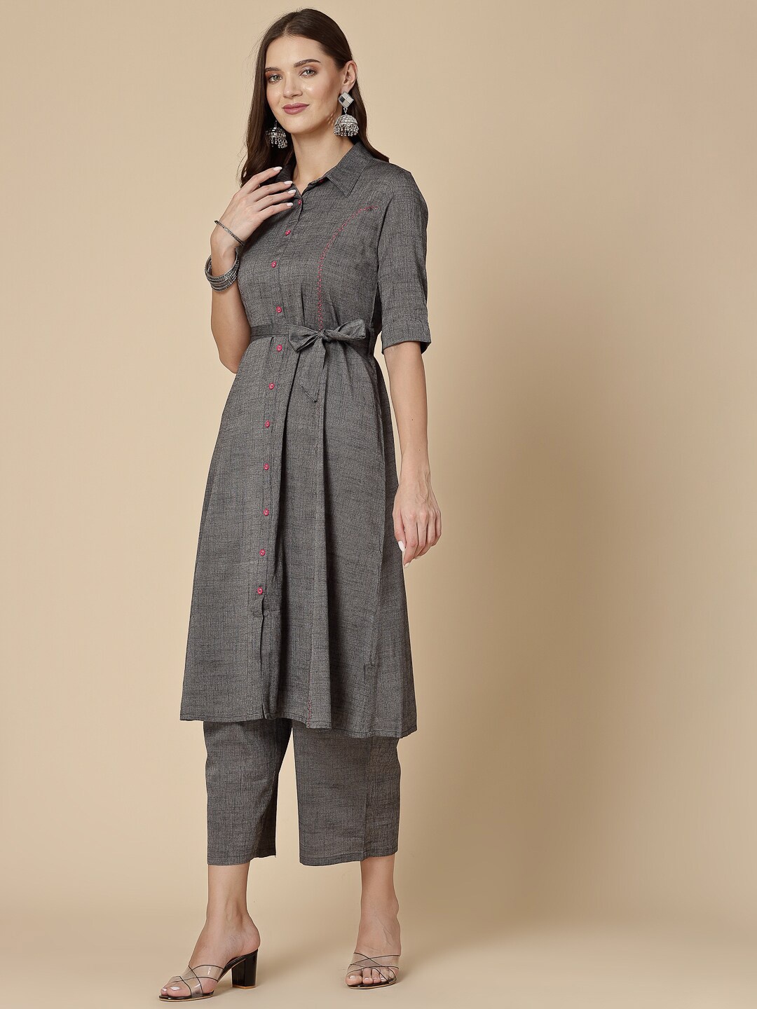 

all about you Grey Shirt Collar Regular Thread Work Kurta With Palazzos