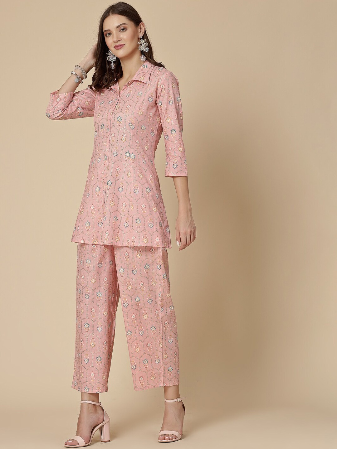 

all about you Ethnic Motifs Printed A-Line Kurti with Palazzos, Pink