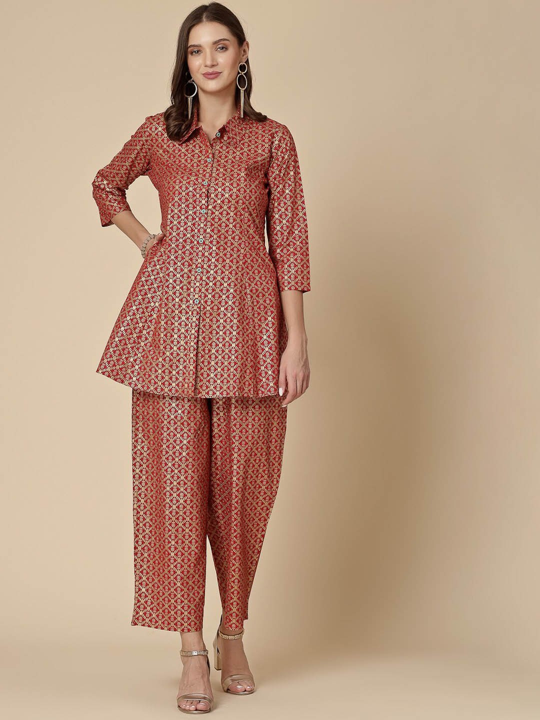 

all about you Red Ethnic Motifs Printed Shirt Collar Tunic With Palazzos