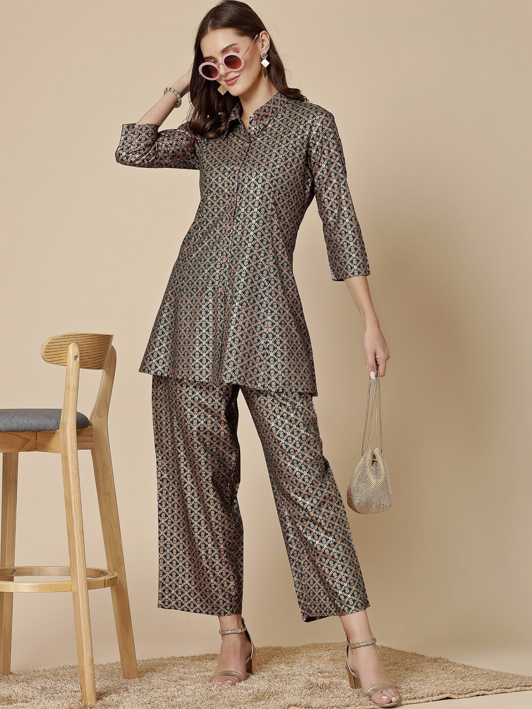 

all about you Ethnic Motifs Printed A-Line Kurti with Palazzos, Green