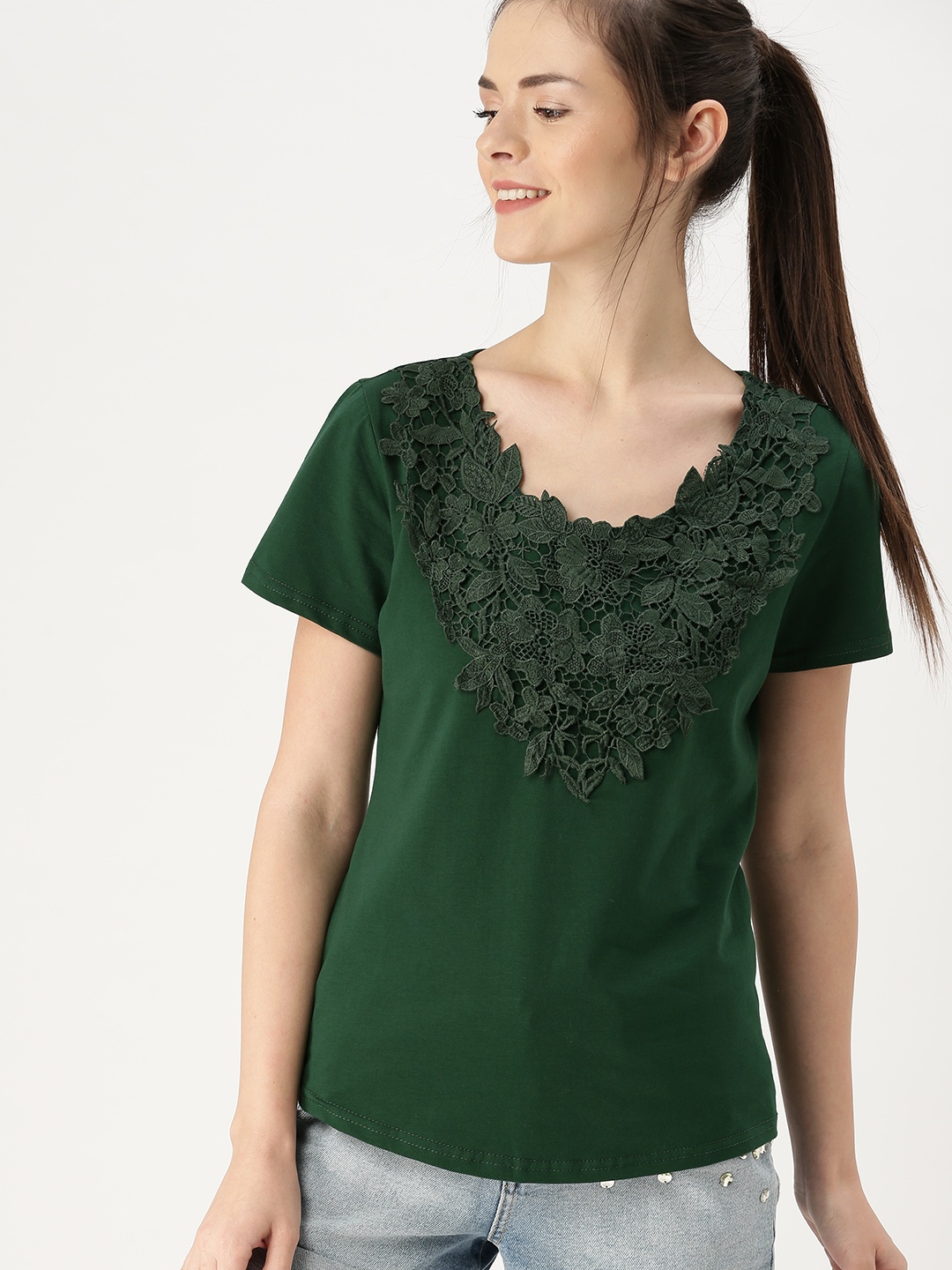 

DressBerry Women Green Self-Design Lace Pure Cotton Top