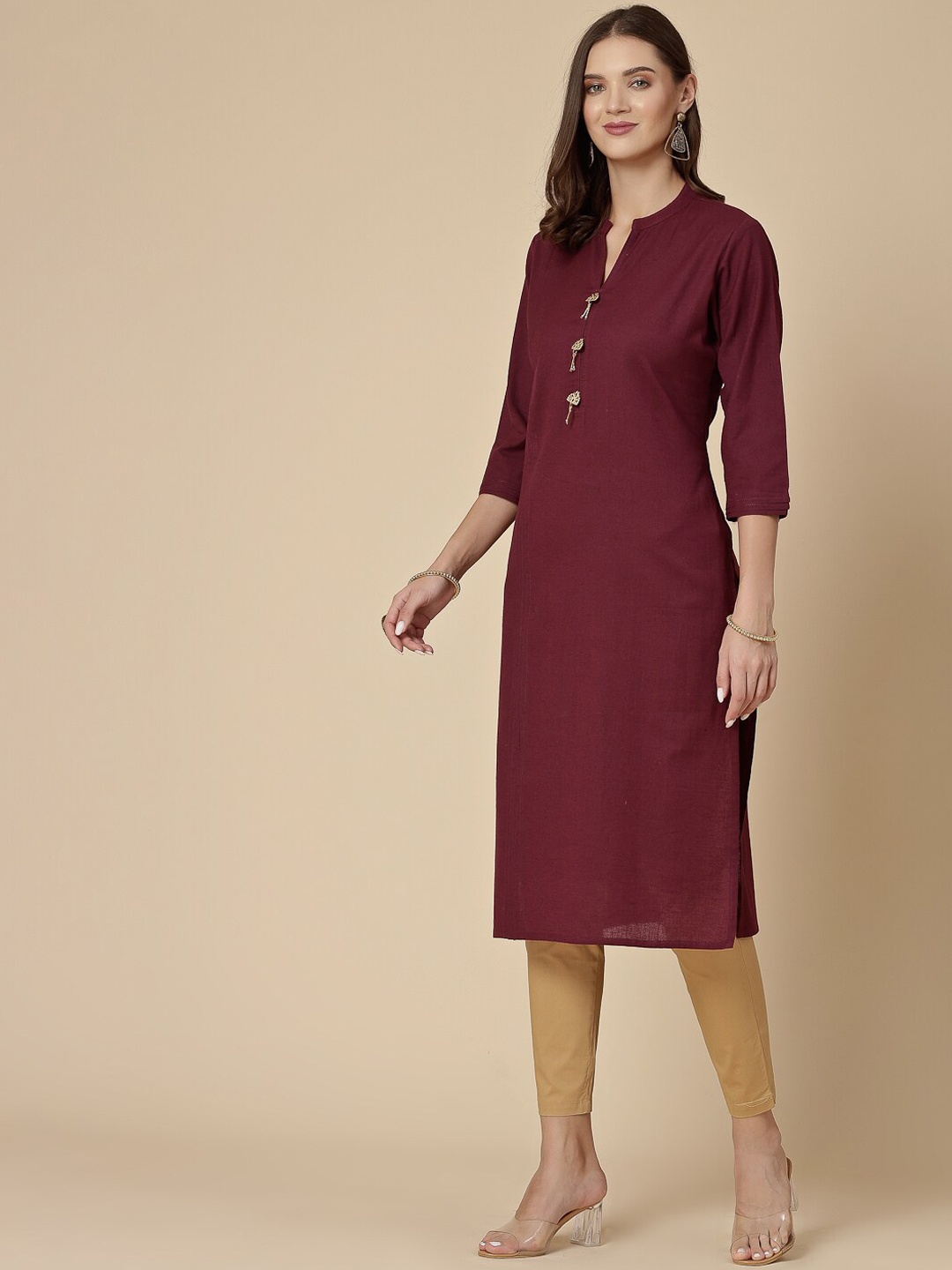 

all about you Mandarin Collar Pure Cotton Straight Kurta, Maroon