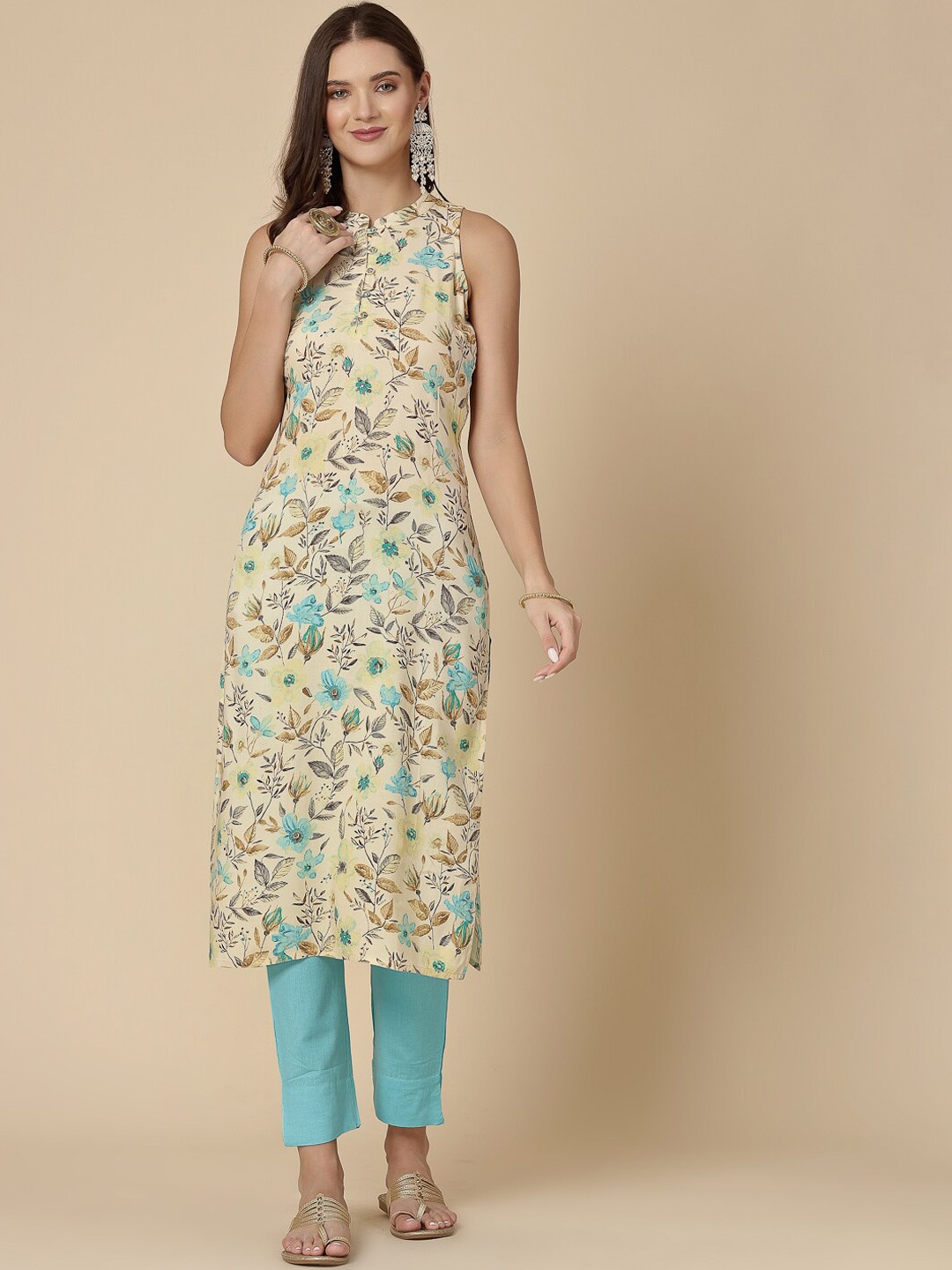 

all about you Floral Printed Mandarin Collar Straight Kurta, Beige