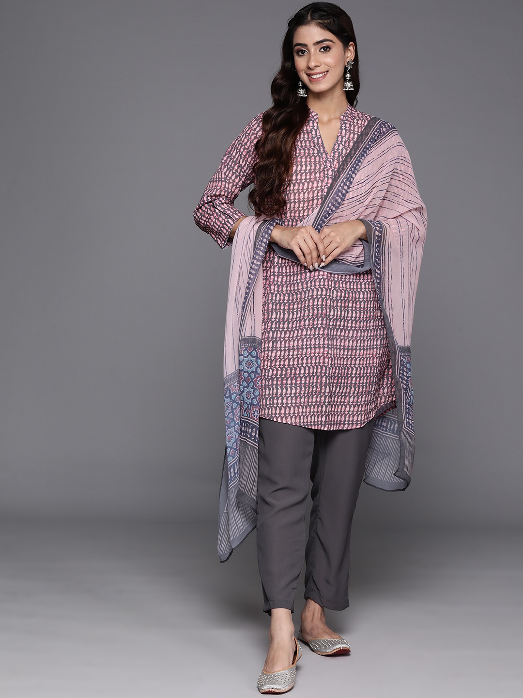 

Biba Women Ethnic Motifs Printed Kurta with Trousers & Dupatta, Grey