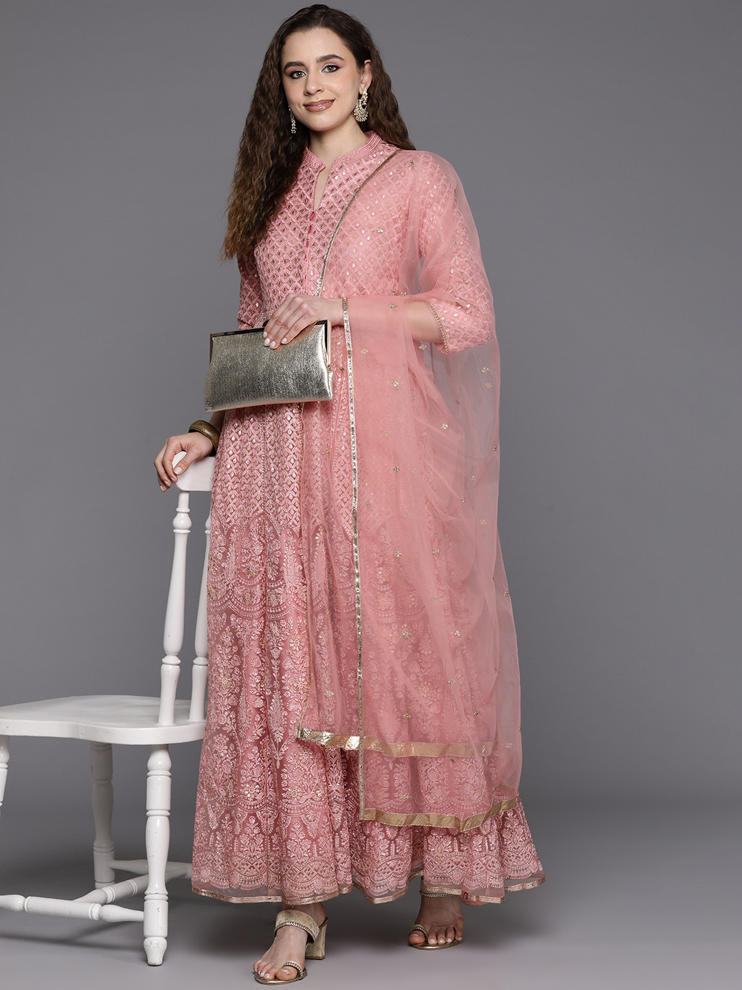 

Biba Floral Embroidered Panelled Sequinned Kurta with Skirt & Dupatta, Rose