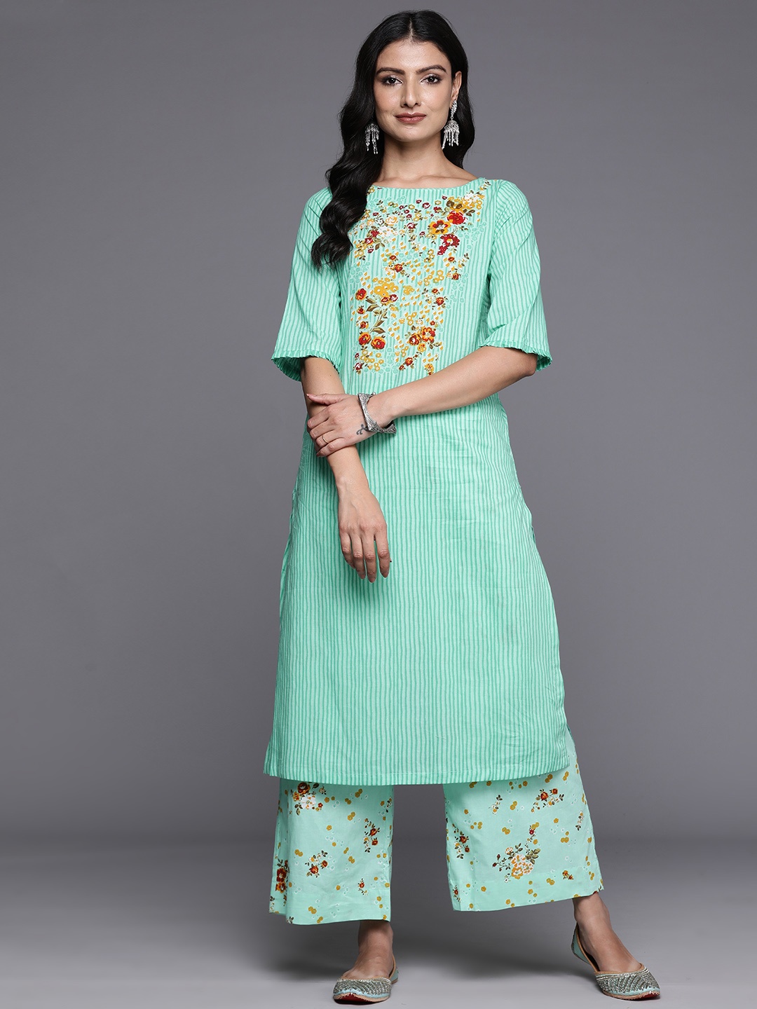 

Biba Floral Printed Pure Cotton Kurta with Palazzos, Green