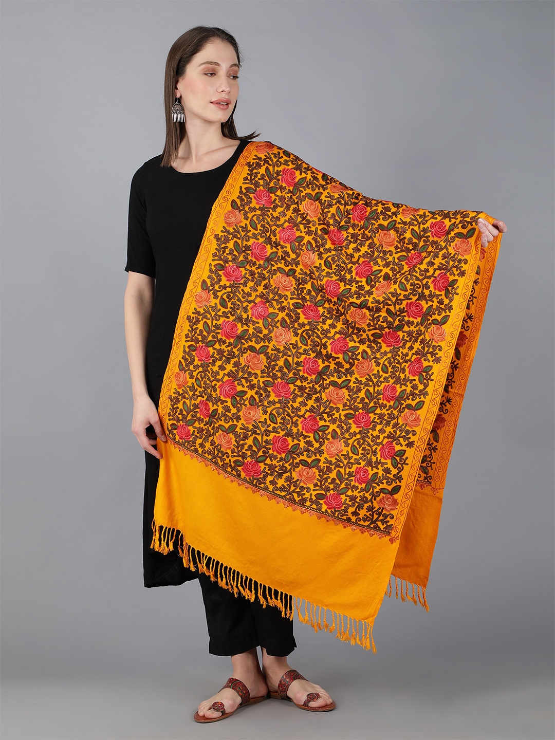 

Zamour Floral Embroidered Wool Shawl, Yellow