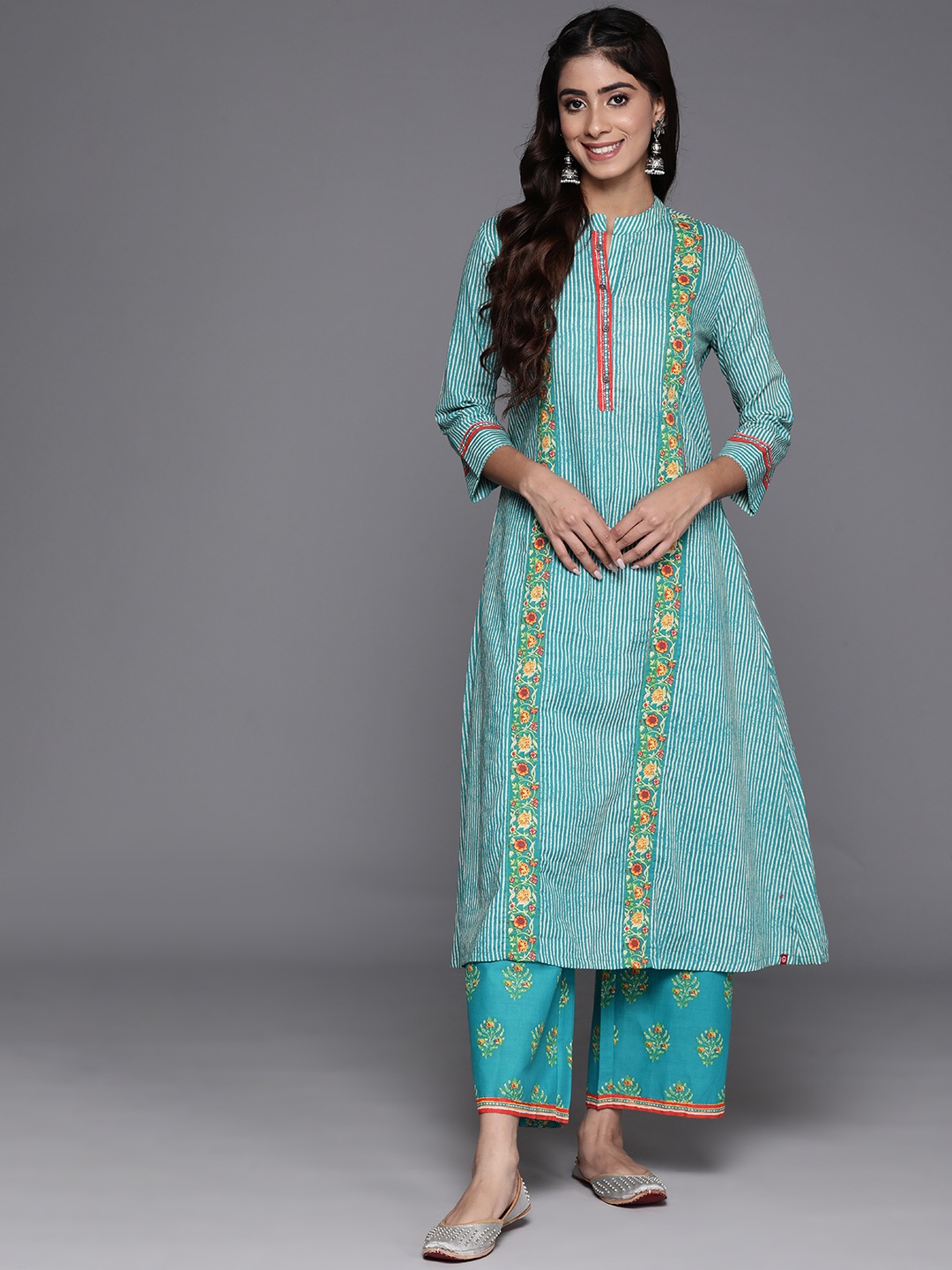 

Biba Women Striped Pure Cotton Kurta with Palazzos, Turquoise blue