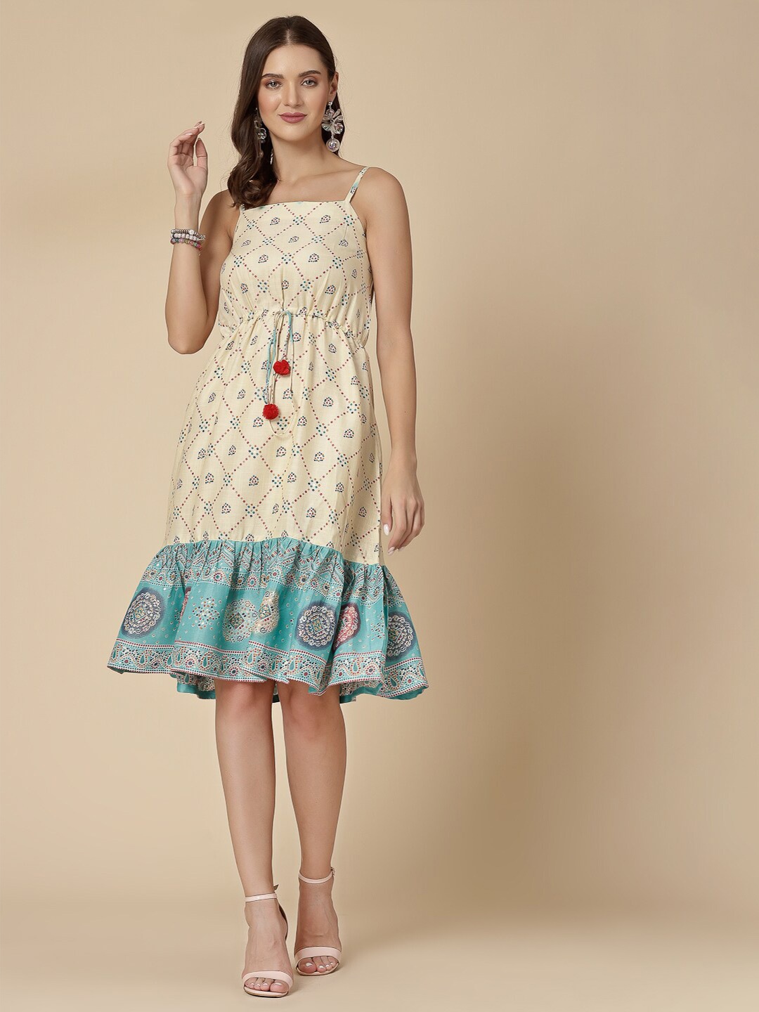 

all about you Polka Dot Printed Shoulder Strap Neck Flounce Hem A-Line Ethnic Dress, Green